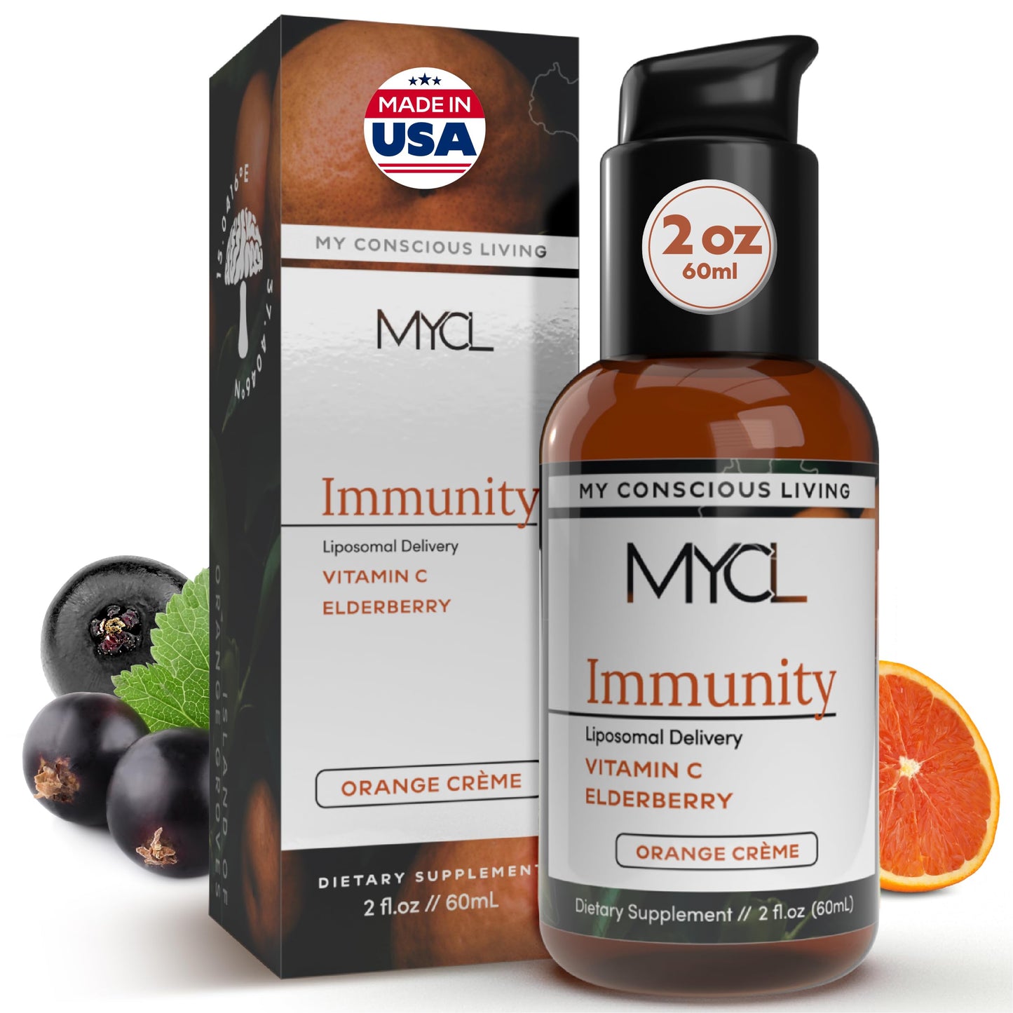 Liposomal Vitamin C Liquid with Elderberry, Echinacea, Zinc and Vitamin D - Immune and Antioxidant Support - Orange Crème Flavor - Made in USA - 30 Pump Servings