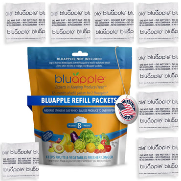 Bluapple Produce Saver Refill Kit - Keep Fruits & Vegetables Fresh Longer, Veggie & Fruit Saver, 8 Packets (9 grams each), Lasts up to 3 Months, Produce Storage, Ethylene Gas Absorber, Made in USA