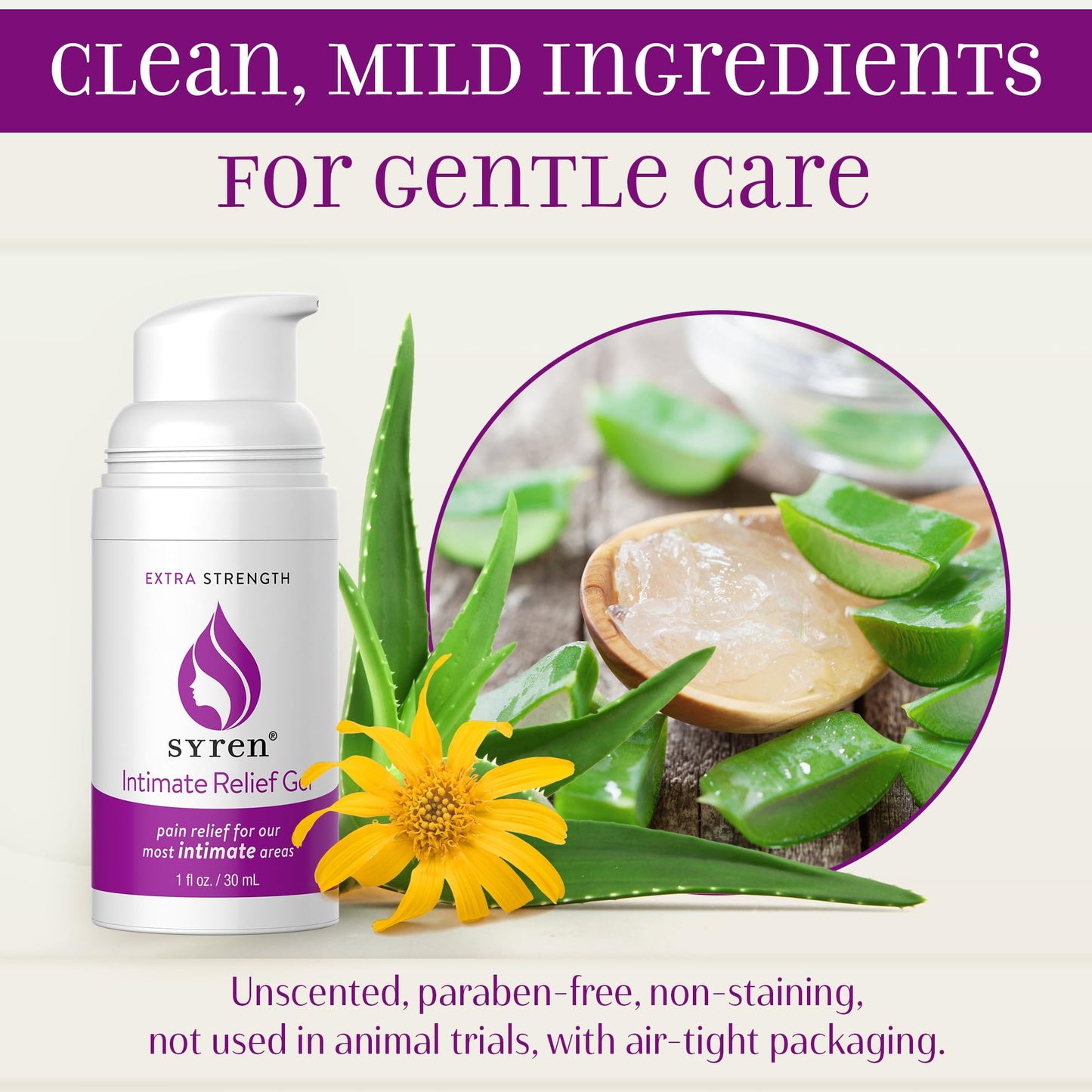 Syren Intimate Relief - Advanced Relief for Sensitive Areas - Moisturizing, Calming Formula with Aloe Vera, Vitamin E, Arnica - Non-Sticky, Unscented, Paraben-Free - 1 oz Made in U.S.A