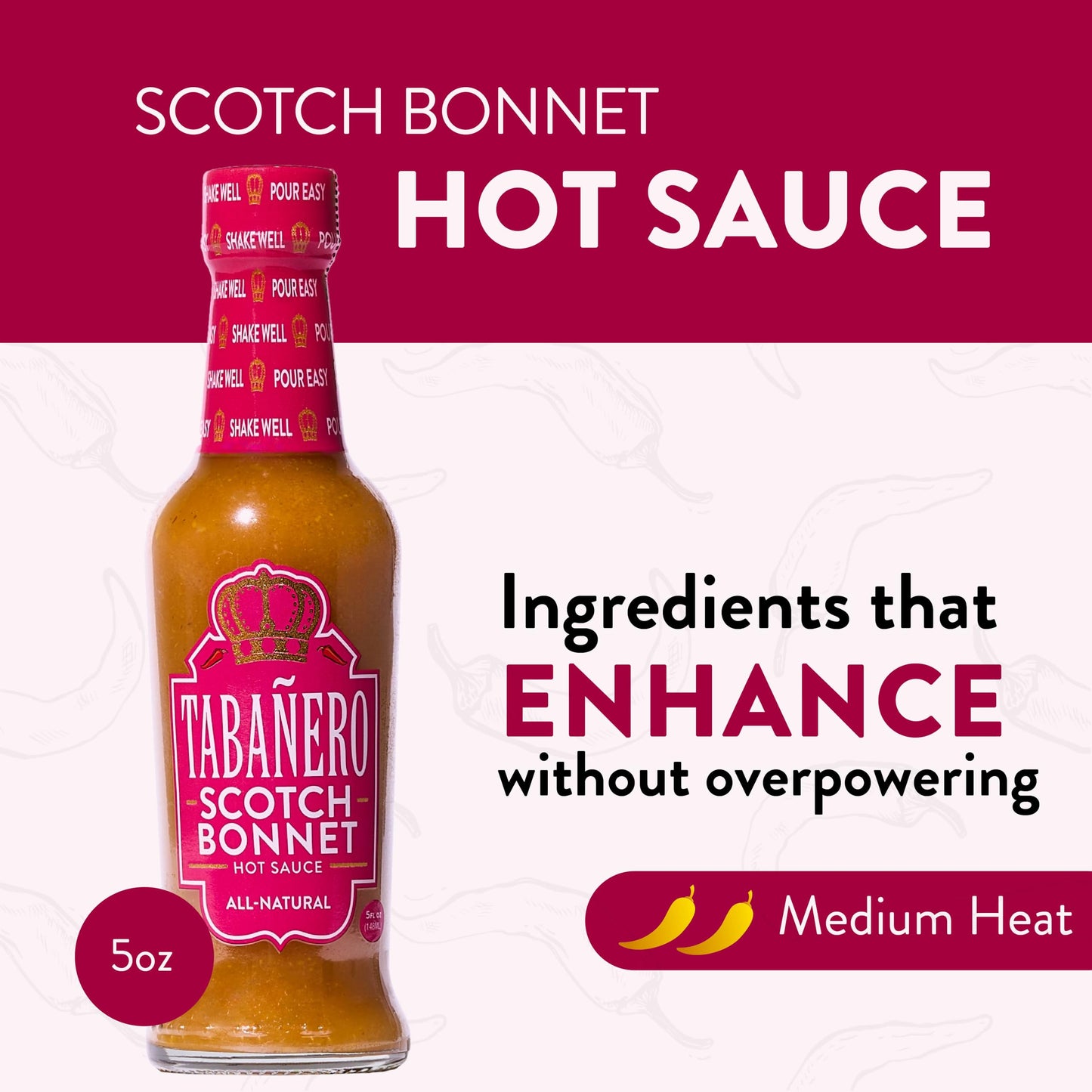 Tabañero Scotch Bonnet Pepper Hot Sauce, 5 oz Bottle, All-Natural Gourmet Heat, Perfect for Tacos, Wings, Eggs, Gluten-Free, Vegan, Kosher, USA Made,