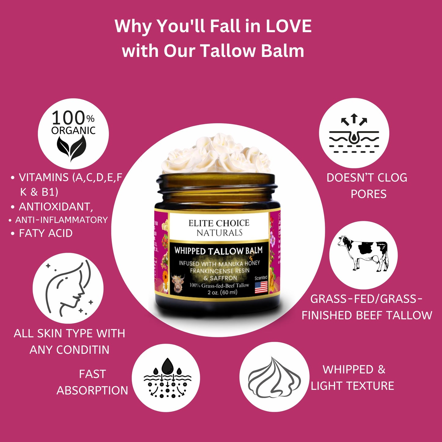 Whipped Tallow Balm - 100% Grass-Fed Beef Tallow, Pure Organic Moisturizer for Face & Body, Anti-Aging, Wrinkles, Fine Lines, Firming, Uneven Tone & Pigmentation - Handmade (2 Fl oz, Frankincense)