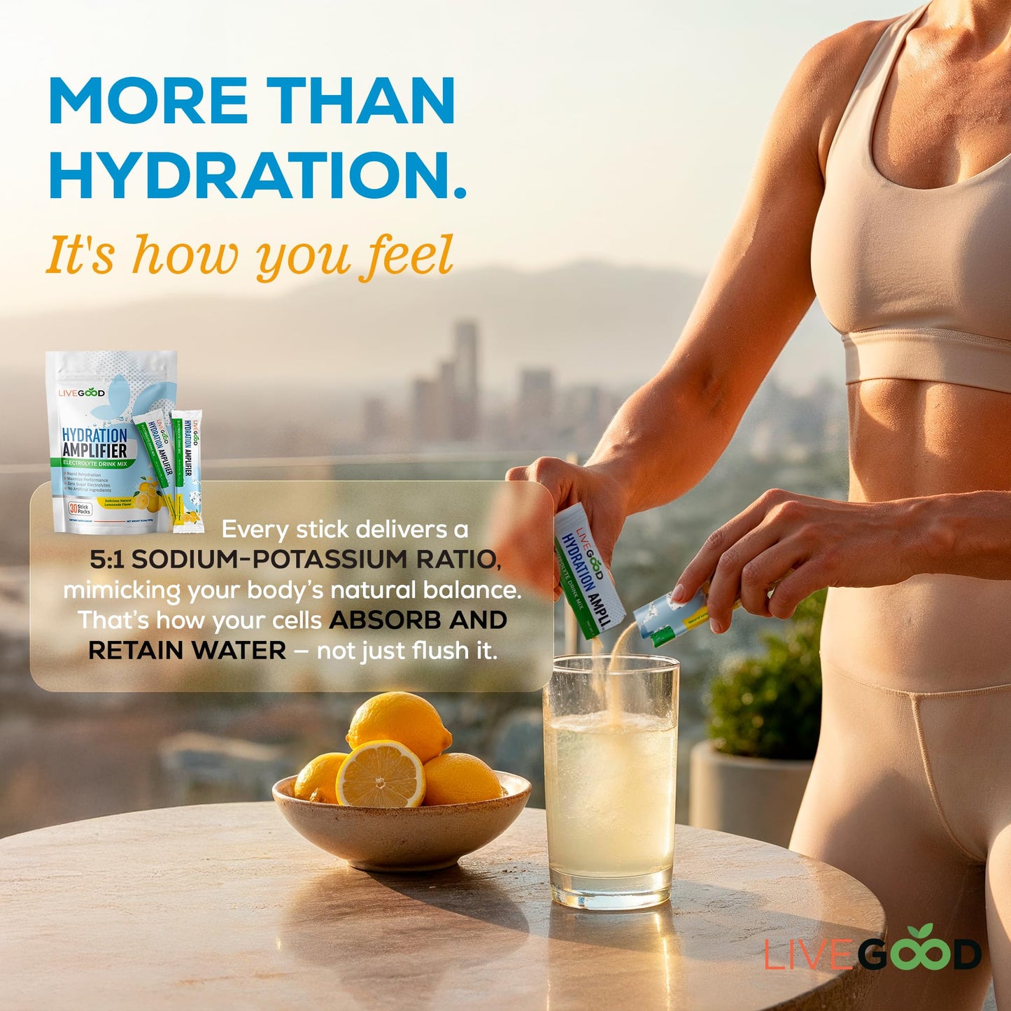 LIVEGOOD Hydration Amplifier Lemonade, Electrolyte Powder with Minerals for Hydration, Energy, Mental Focus and Muscle Support, Oral Rehydration Therapy Drink Mix for Daily Performance (Stick Packs)