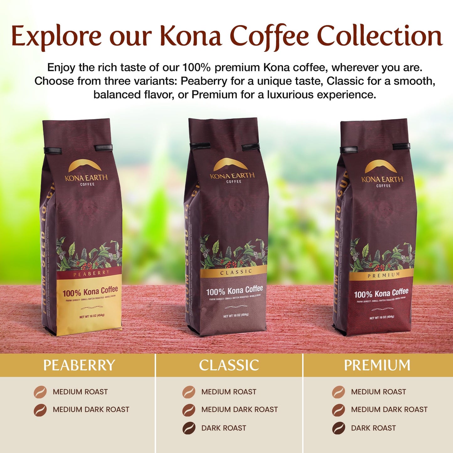 KONA EARTH - Premium, 100% Kona Coffee, Dark Roast, Farm-Fresh Whole Coffee Beans, Micro-Batch-Roasted, 1 lb., Pack of 1