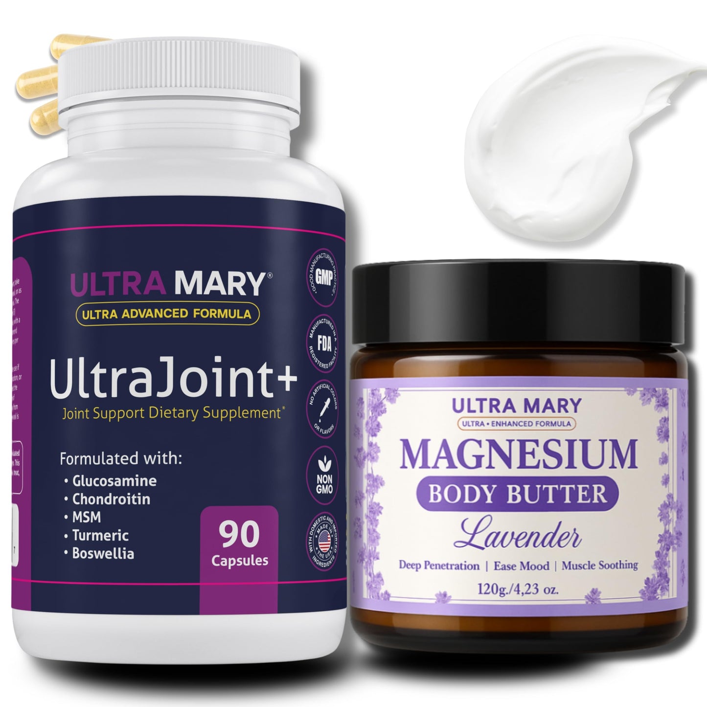 Joint Support UltraMary+(90 Capsules)+Magnesium Body Butter(4.23oz) Glucosamine 1500mg,Chondroitin, MSM, Turmeric & Boswellia–Muscle & Joint Relief Combo, Lavender Scent–Articulaciones & Músculos
