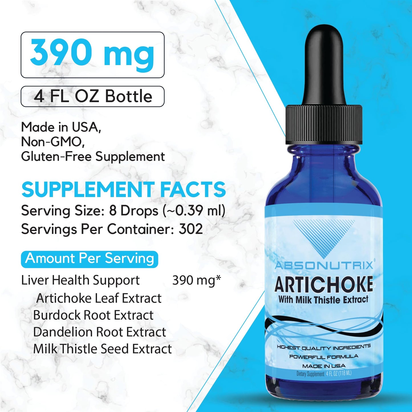 Absonutrix Artichoke with Organic Milk Thistle Extract, 390 mg, 4 FL OZ Liquid, 302 Servings, Made in USA, Potent Plant-Based Ingredients, Burdock Root Extract, Dandelion Root Extract,Non-GMO