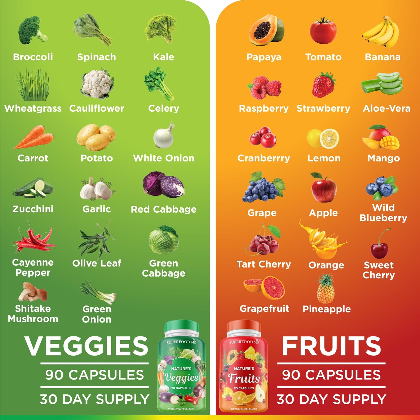 Superfood 180 Fruit and 180 Veggie Capsules -100% Whole Natural Superfood - Maintain Energy Levels, High Lycopene - Grown and Made in The USA (90 Count (Pack of 4)