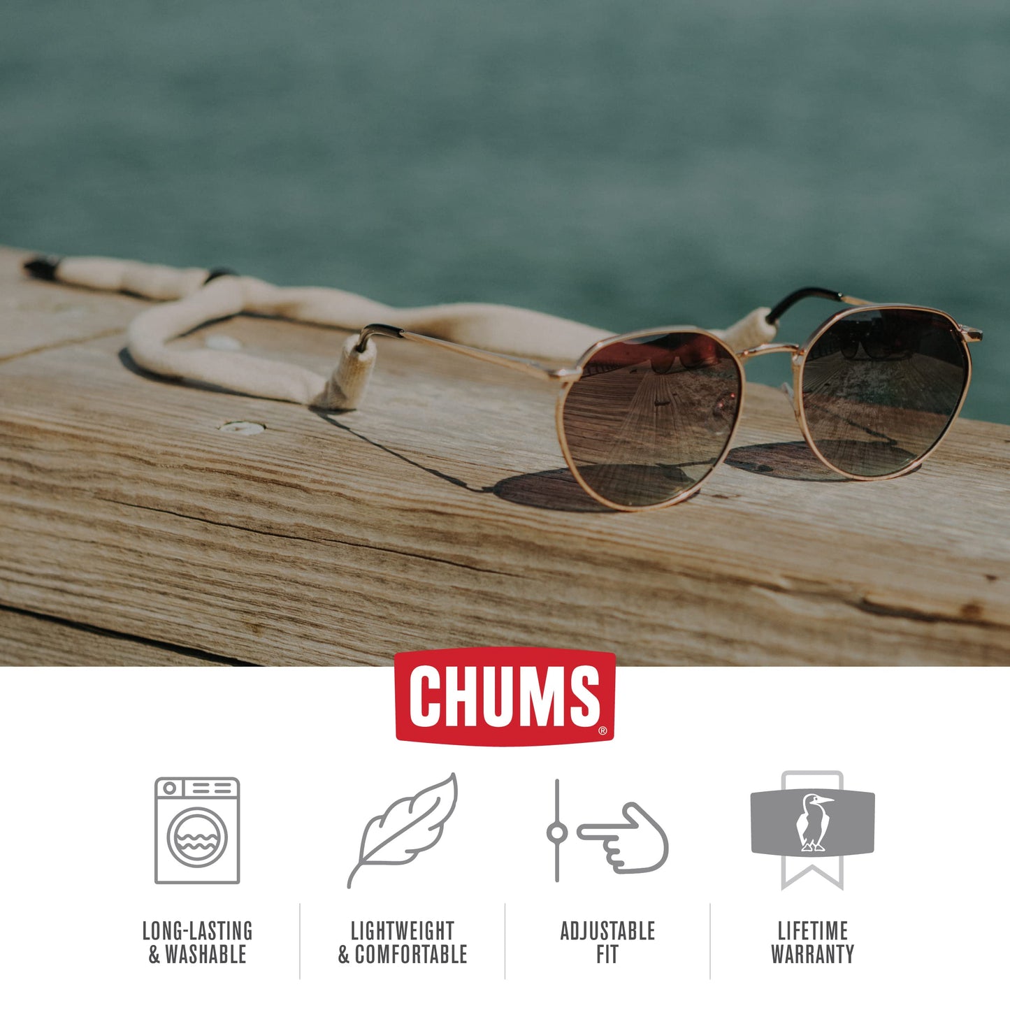 Chums Original Cotton Retainer - Unisex Eyewear Keeper for Sunglasses & Glasses - Adjustable Fit, Washable & Made in USA (Standard-End, Gray),12115103