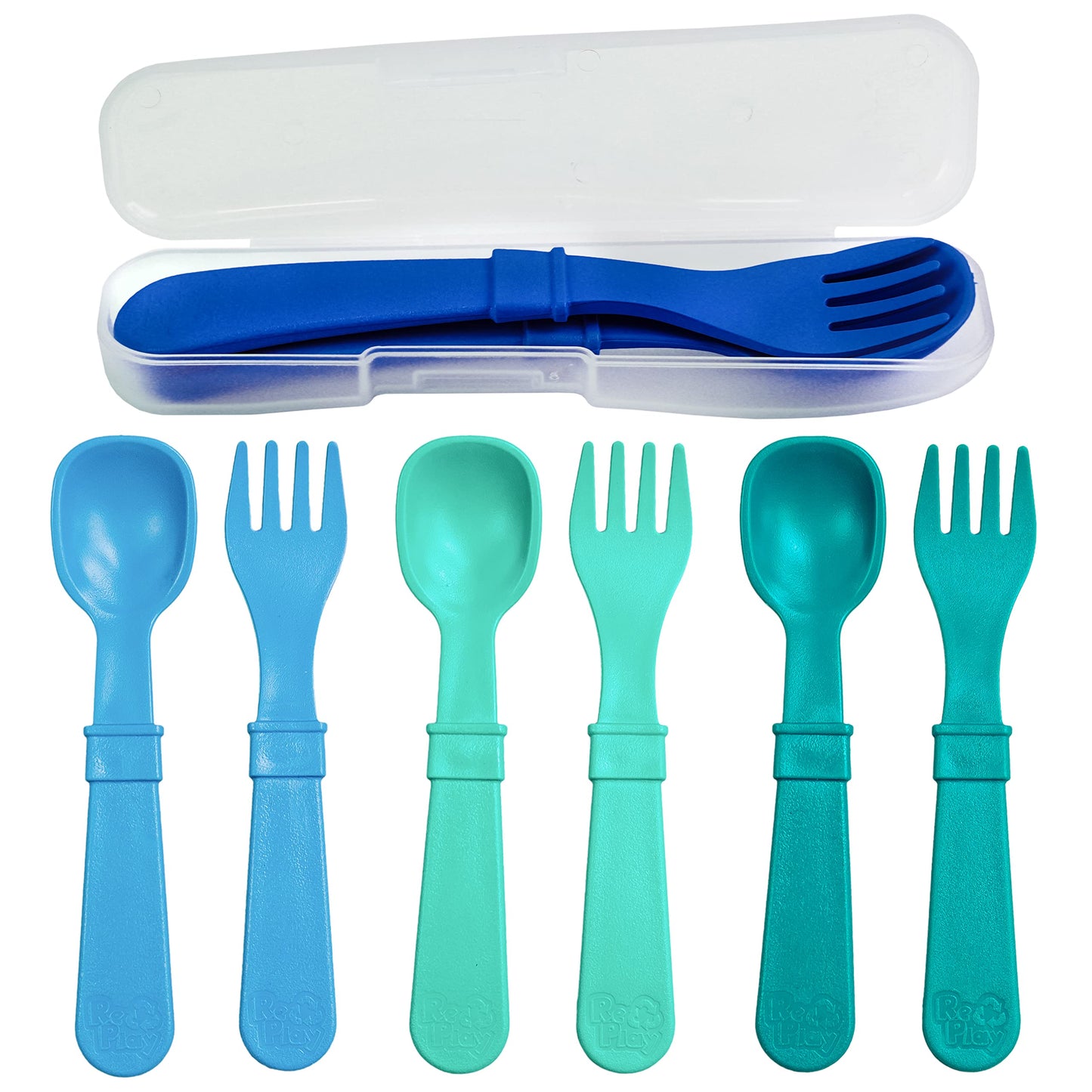 Re-Play Toddler Forks and Spoons Set - 4x4 Toddler Utensils Set - Dishwasher and Microwave Safe - Made in USA - Set of 8-5.8" x 1.2" x 0.2" - A True Blue