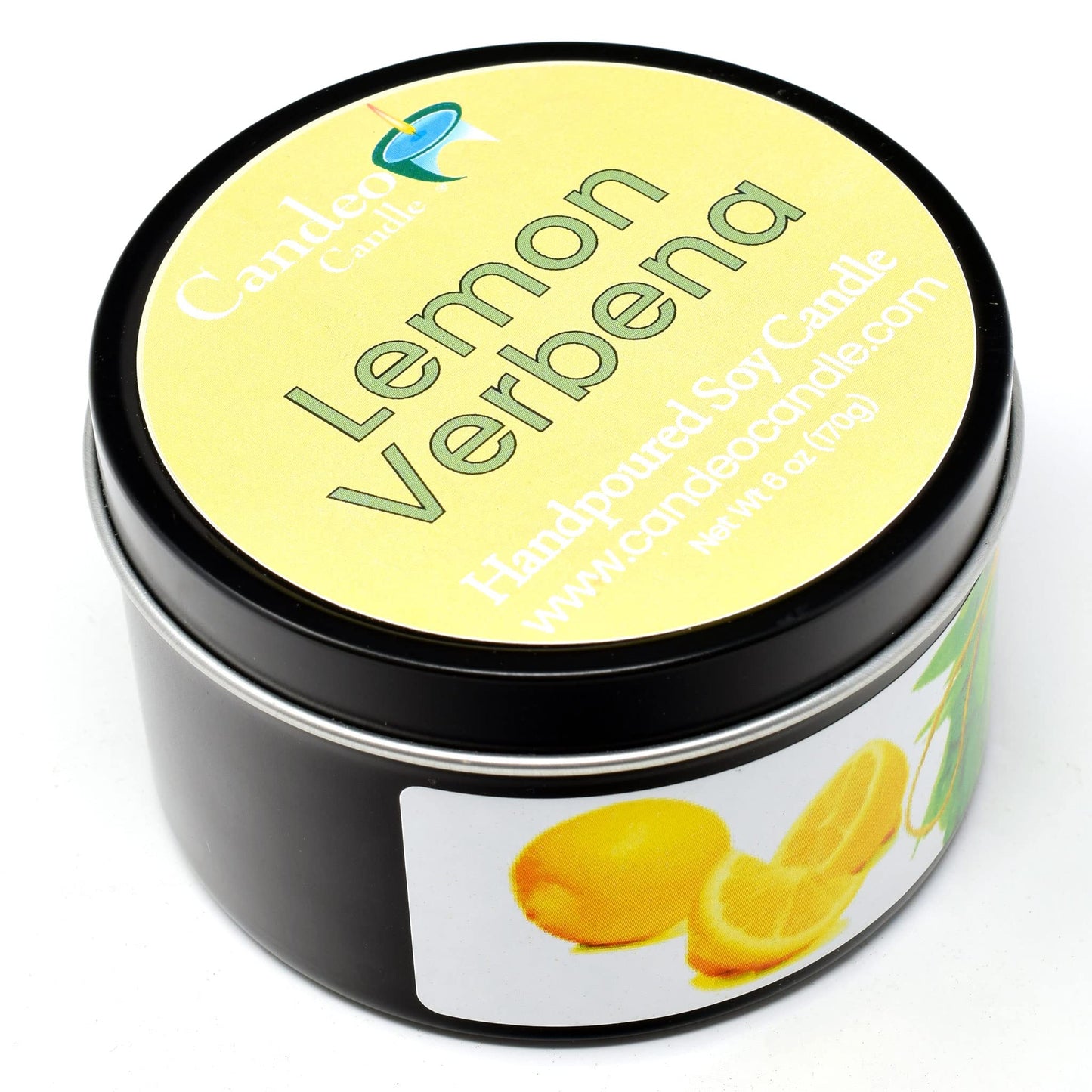 Lemon Verbena - Container Candle, 6 oz - Made with Beeswax, Coconut and Soy - Black Tin Candle - Handmade in The USA - Candeo Candle