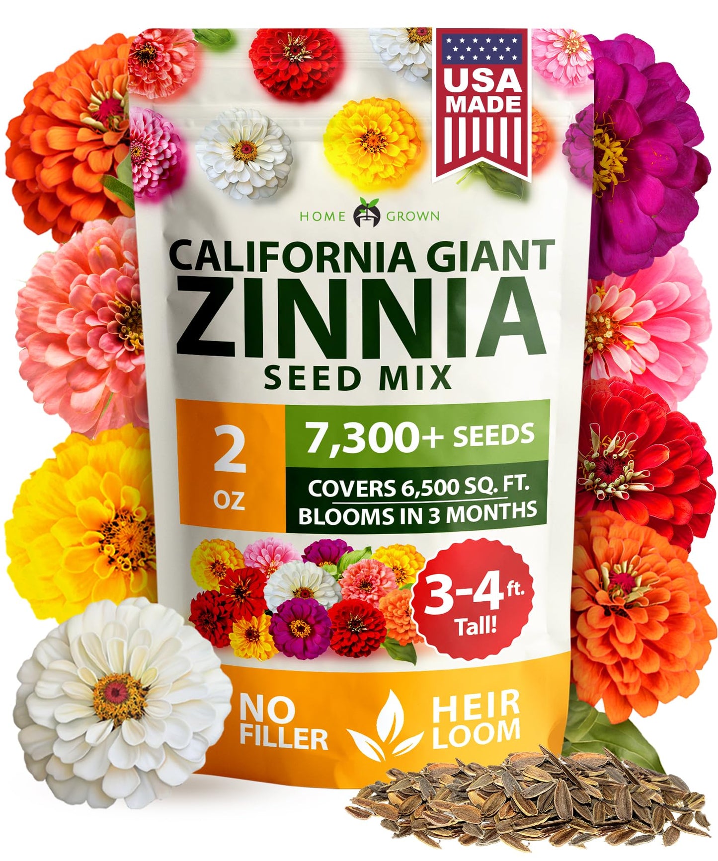 HOME GROWN Zinnia Seeds for 2025 - California Giant Mix - 7,300+ (2 oz) 𝗡𝗢𝗡-𝗚𝗠𝗢 𝗨𝗦𝗔 Plant Wildflower Blooms – Bulk Seeds for Planting Flowers Outside - Pollinator Gardens (Zinnia elegans)
