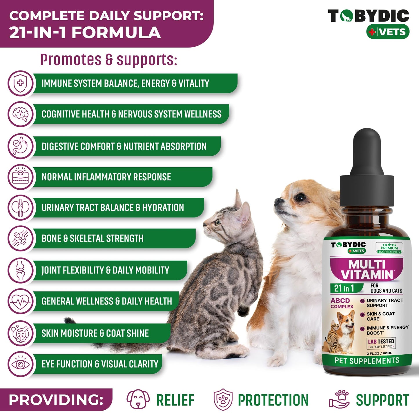 TOBYDIC Cat & Dog Multivitamin 21 in 1 Pet Supplements with Cranberry & Glucosamine - Natural Medicine & Support for UTI, Urinary Tract, Bladder, Kidney, Skin Coat, Joints Treatment Made in USA