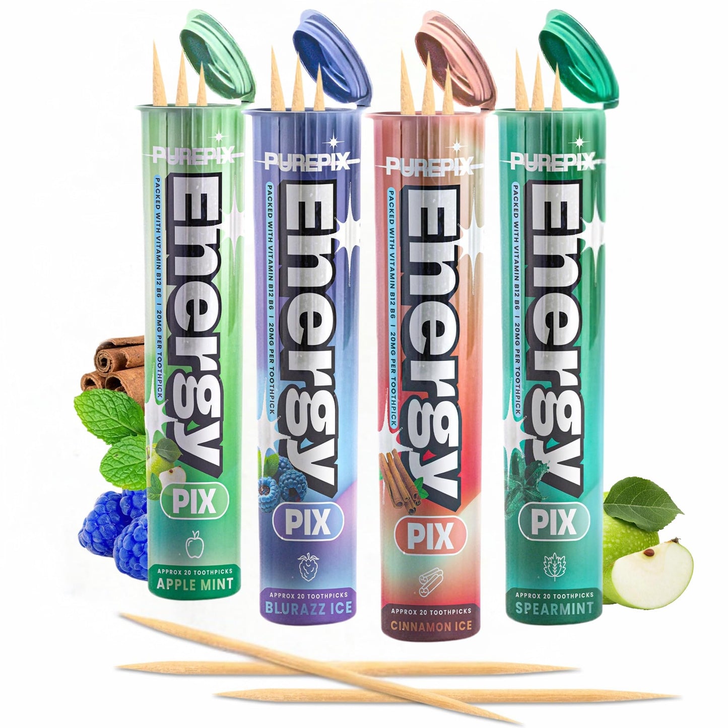 PurePix EnergyPix - Extra Thick Caffeine Flavored Toothpicks with L-Theanine, B12 & B6 for Focus & Energy - Sugar-Free Alternative to Energy Mints & Gum - 20 Count, (4 Flavors Variety Pack)
