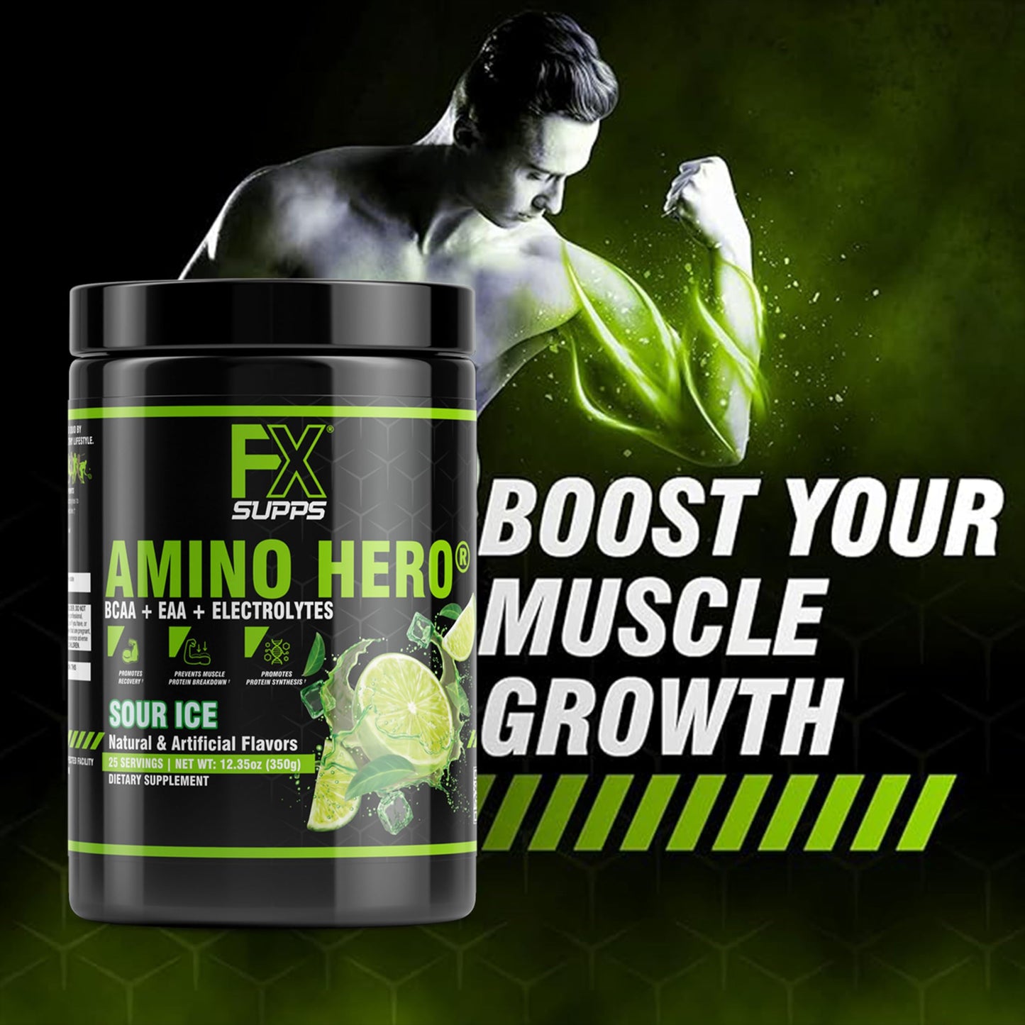 FXSUPPS Amino Hero Sour Ice Flavor (25 Servings) | Post-Workout Recovery Drink for Men and Women | Energy Powder Mix with BCAA, EAA, and Electrolytes | Promotes Endurance and Healthy Muscles - 1 Pack