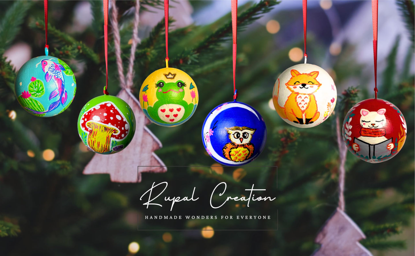 Set of 6 Handmade Wooden Christmas Ornaments - Rustic Holiday Ball Decorations - Made in USA - Perfect for Gifts, Tree Decor, and Home Accents - Small Business Craft (Multi Colour)