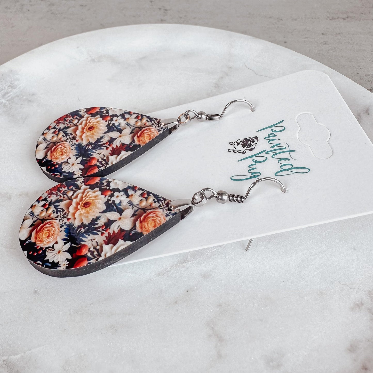 Fall Earrings for Women Autumn Lightweight Teardrop Dangle Fun Colorful Statement Jewelry Handmade by the Painted Pug (Fall Floral Dahlia)