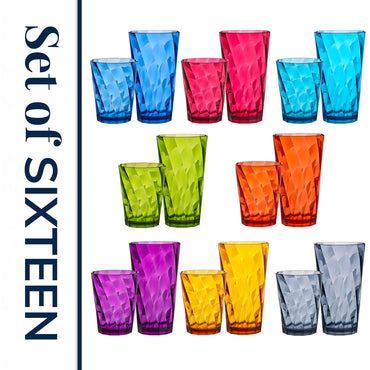 US Acrylic Optix Plastic Reusable Drinking Glasses (Set of 16) 14oz Rocks & 20oz Water Cups in Jewel Tone Colors | BPA-Free Tumblers, Made in USA | Top-Rack Dishwasher Safe
