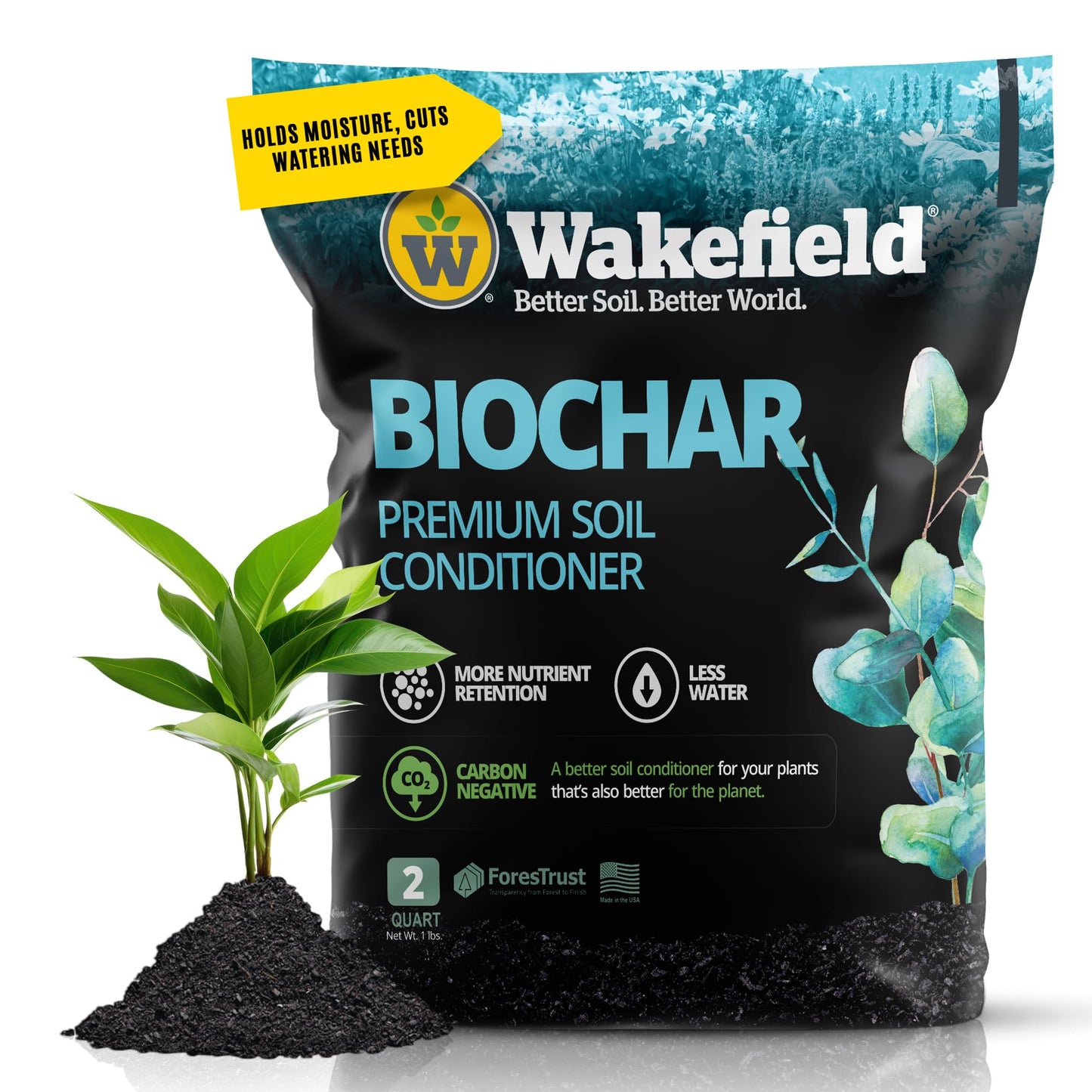 Wakefield Premium Organic Biochar Soil Amendment & Soil Conditioner – Certified Carbon-Negative Nutrient-Locking, Water-Efficient Bio Char for Plants & Lawns - Soil Amendments for Lawn - 2 Quart