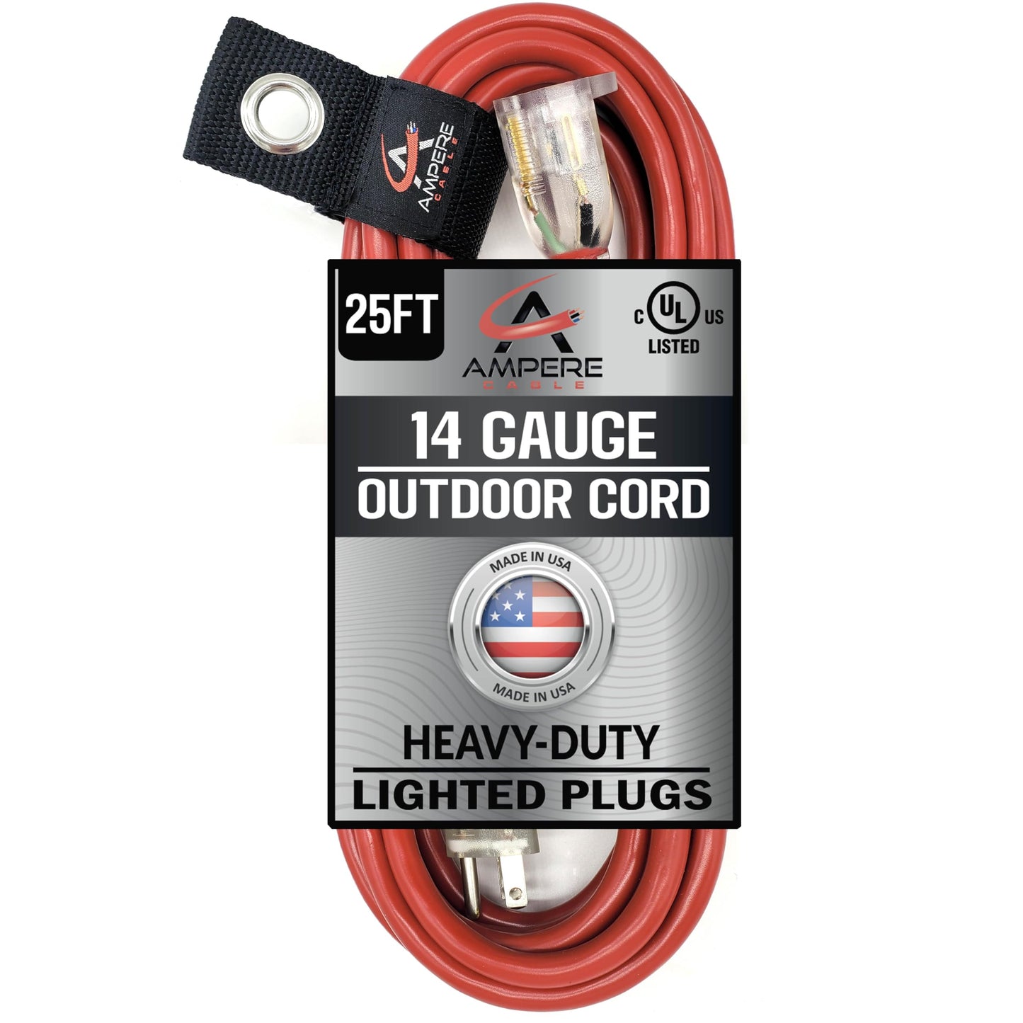 25 ft - 14 Gauge Extension Cord Outdoor - Made in USA - Lighted on Both Ends - Red Outdoor Extension Cord Waterproof by Anthem Cable - Heavy Duty Extension Cord