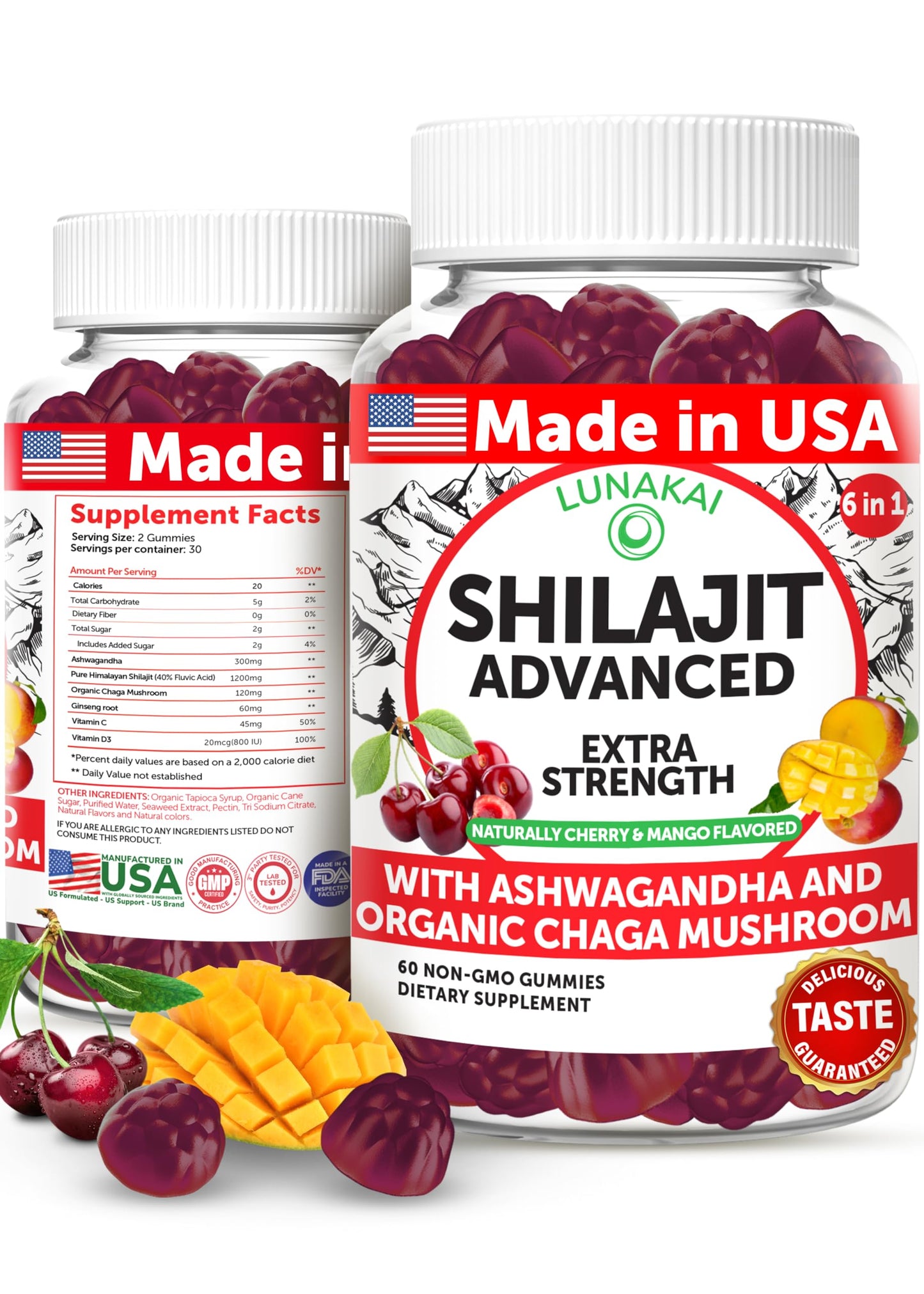 Lunakai USA Made Pure Shilajit Gummies 1200mg with Ashwagandha & Chaga - Himalayan Shilajit for Men & Women, Energy & Vitality Support, 60ct