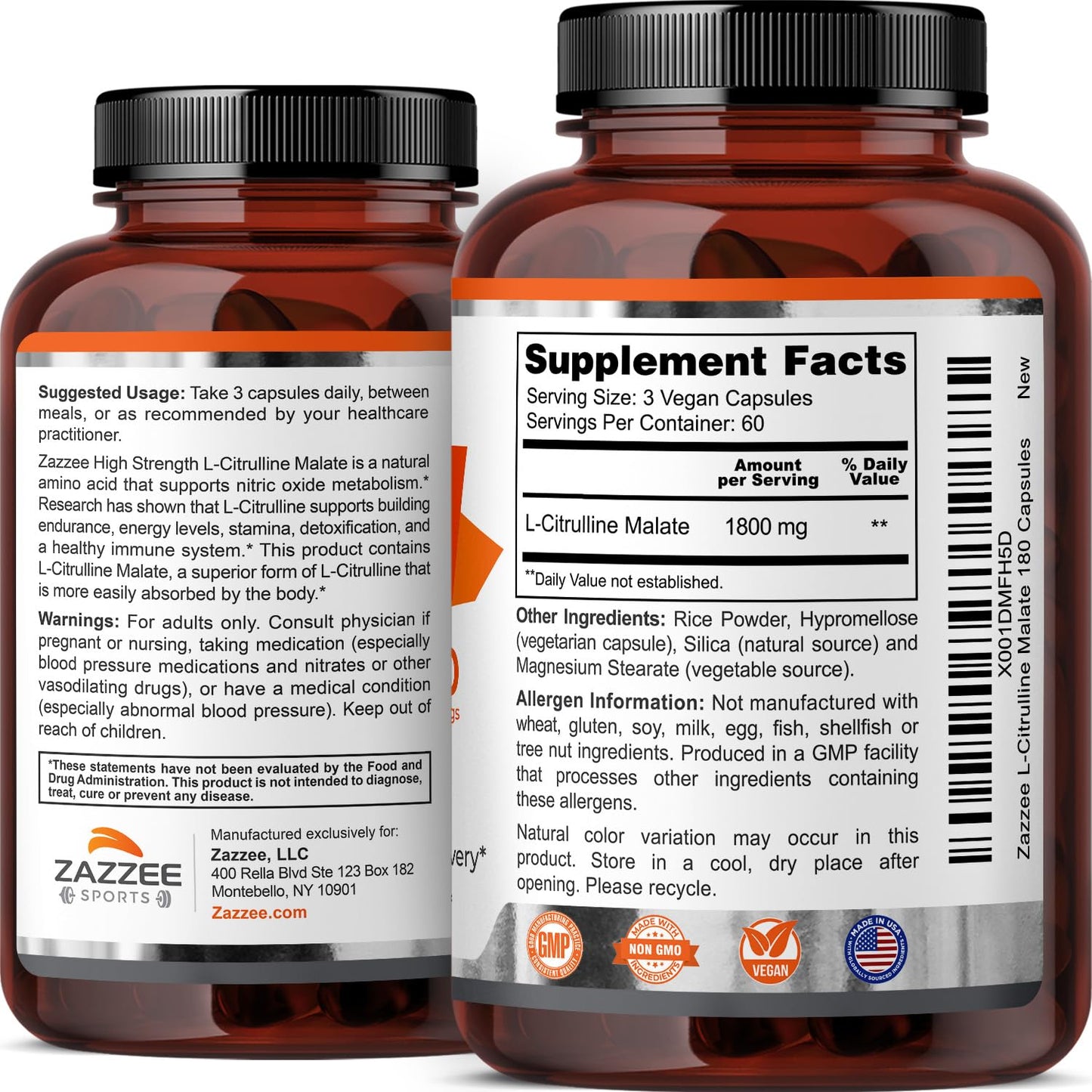 Zazzee High Strength L-Citrulline Malate, 1800 mg per Serving, 180 Vegan Capsules, 60 Day Supply, High Absorption with Superior Free-Form Malate, 100% Vegetarian, All-Natural and Non-GMO