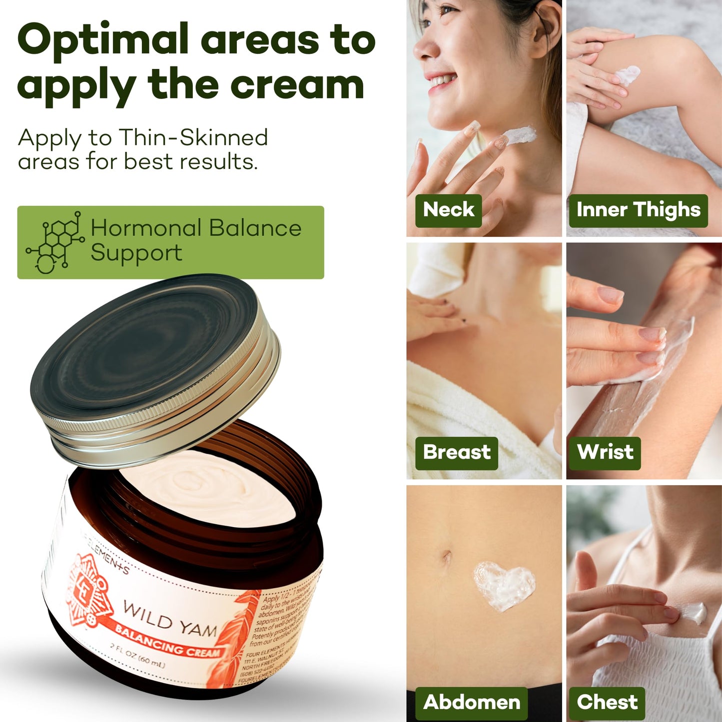 Wild Yam Cream for Hormone Support 2 Oz | Four Elements 4E Organic Wild Yam Balancing Cream for Women | Menopause & PMS Support - Estrogen & Progesterone Free | Proudly Farmed, Crafted & Made in USA