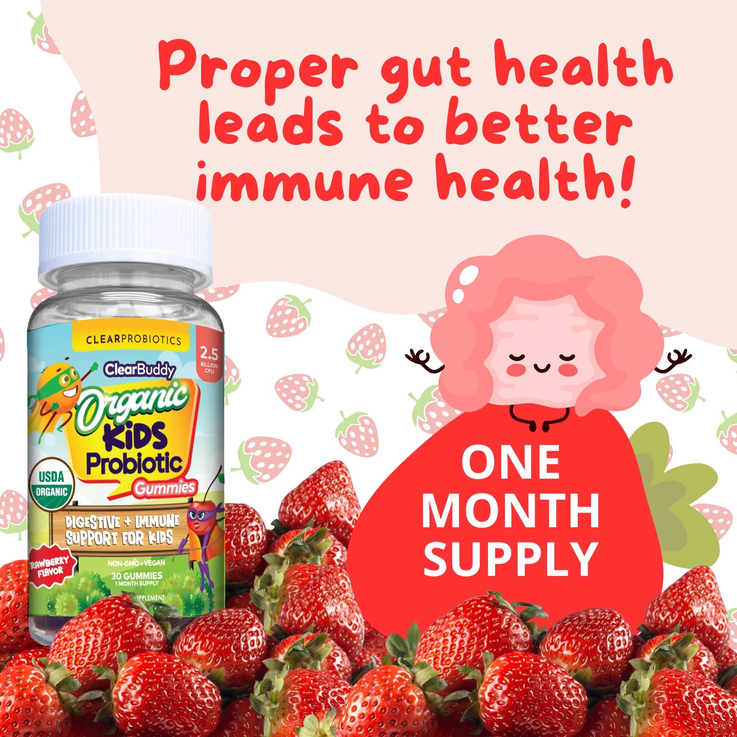 Kids Probiotics Gummies – Daycare Formulated Immunity Gummies - Immune System Boost & Improved Regularity - Plant-based Organic, 2.5 Billion CFU - DE111 Bacillus Subtilis - Strawberry – 1 Month Supply