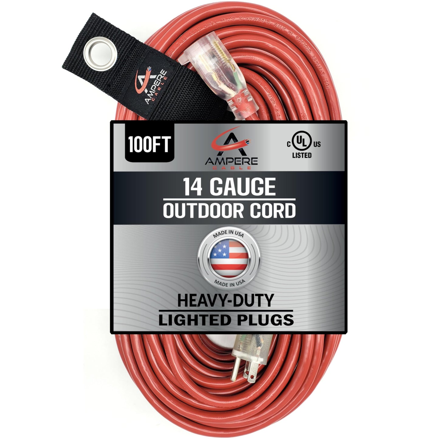 100 ft - 14 Gauge Extension Cord Outdoor - Made in USA - Lighted on Both Ends - Red Outdoor Extension Cord Waterproof by Anthem Cable - Heavy Duty Extension Cord