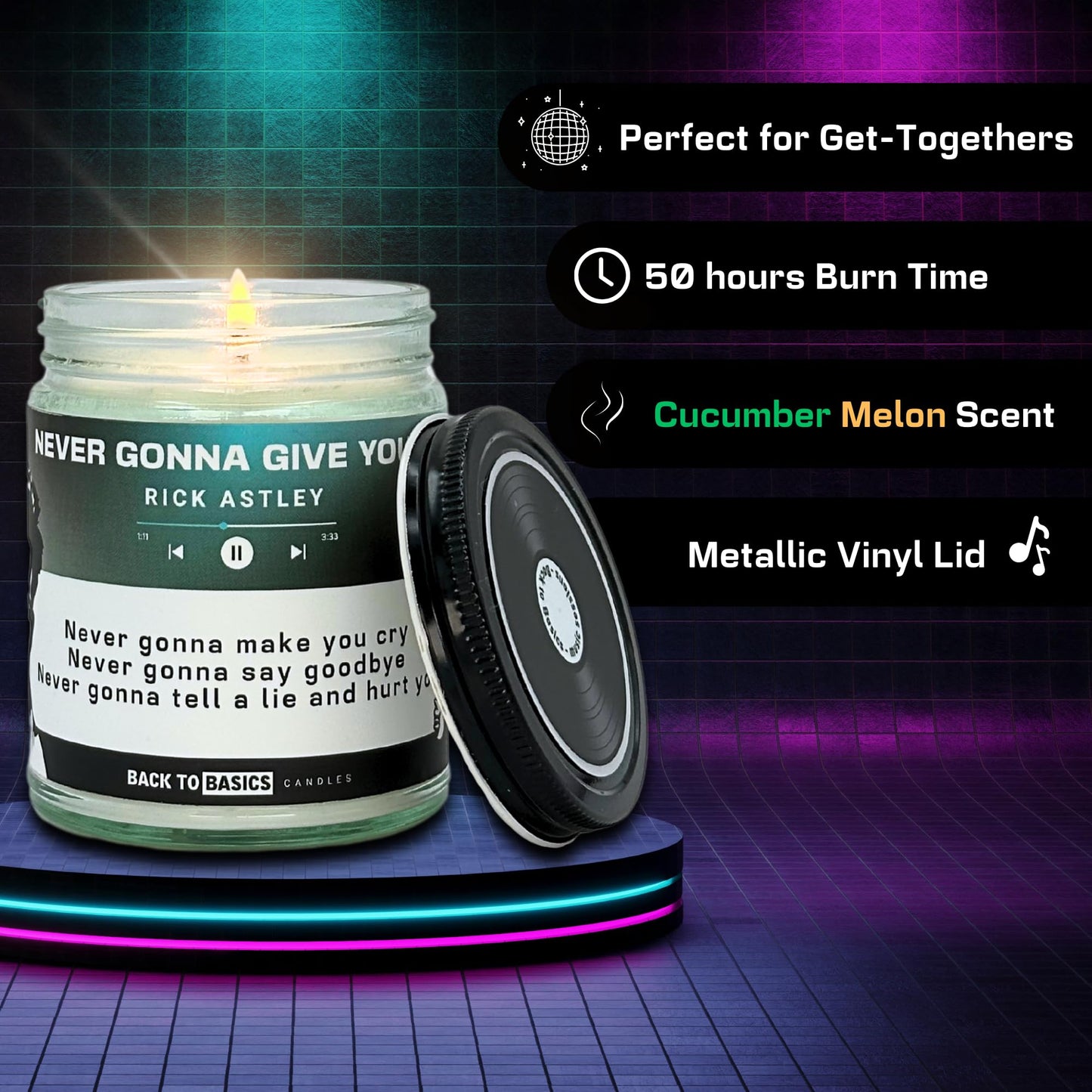 Back to Basics Candles | Never Gonna Give You Up - 9oz Soy Wax Cucumber Melon Scented Candle for Home Decor, Birthday Gifts for Women, Men, Best Friend | Relaxing Aromatherapy Made in USA