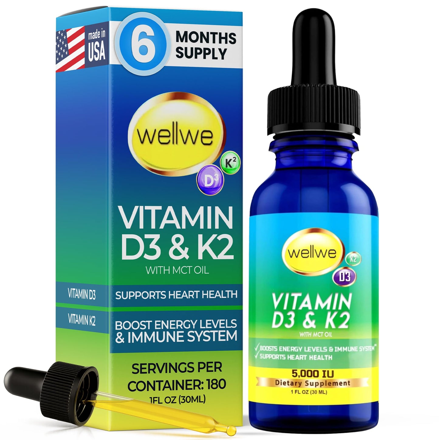 Vitamin D3 K2 Liquid Drops - Vegan Vitamin D3 5000 IU, Vitamin D Drops Adult, No Fillers, Non-GMO, No Taste, Liquid Vitamin d3 with k2 Supplement to Boost Energy Levels, Mood, Immune System, 1 fl oz