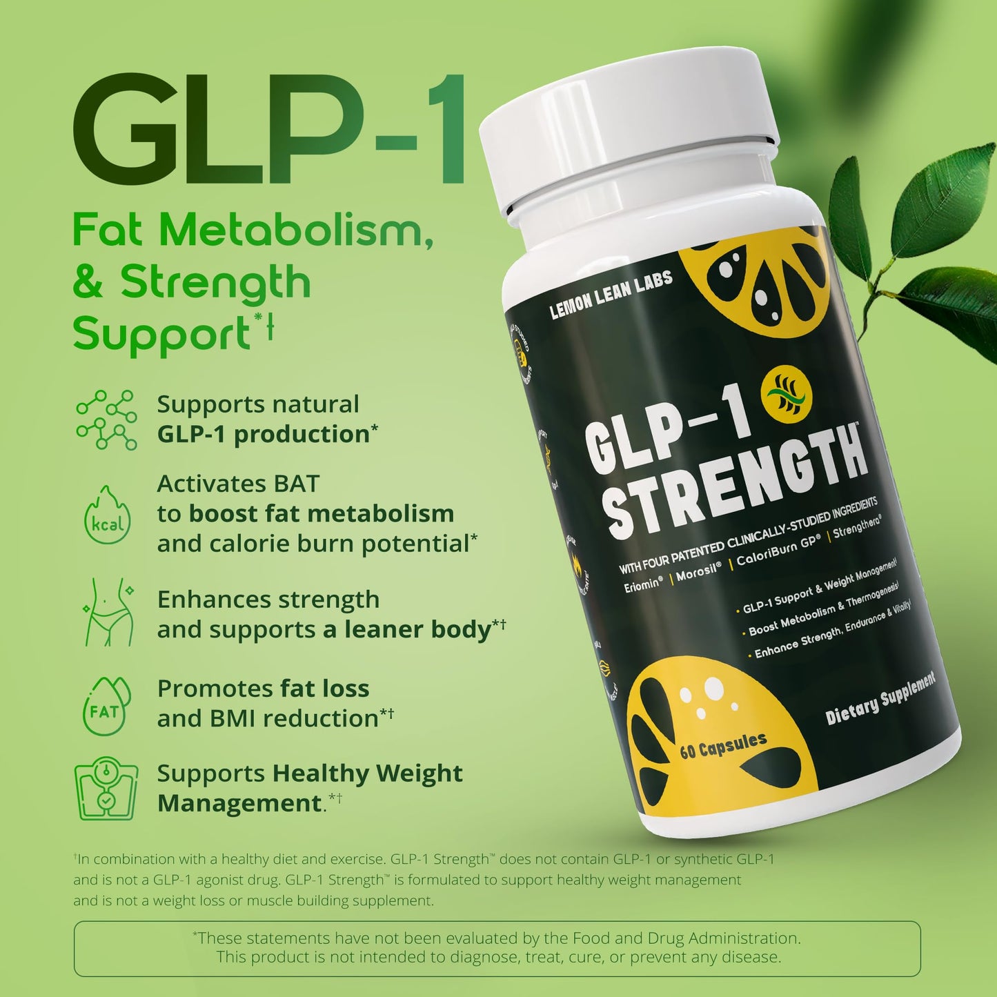 GLP-1 Strength Fat Burner, Lean Body Mass & GLP-1 Supplement for Women & Men - Weight Management, Gut Health & Metabolism Support with Eriomin & Morosil - Vegan, Gluten Free, Non-GMO - 60 Count