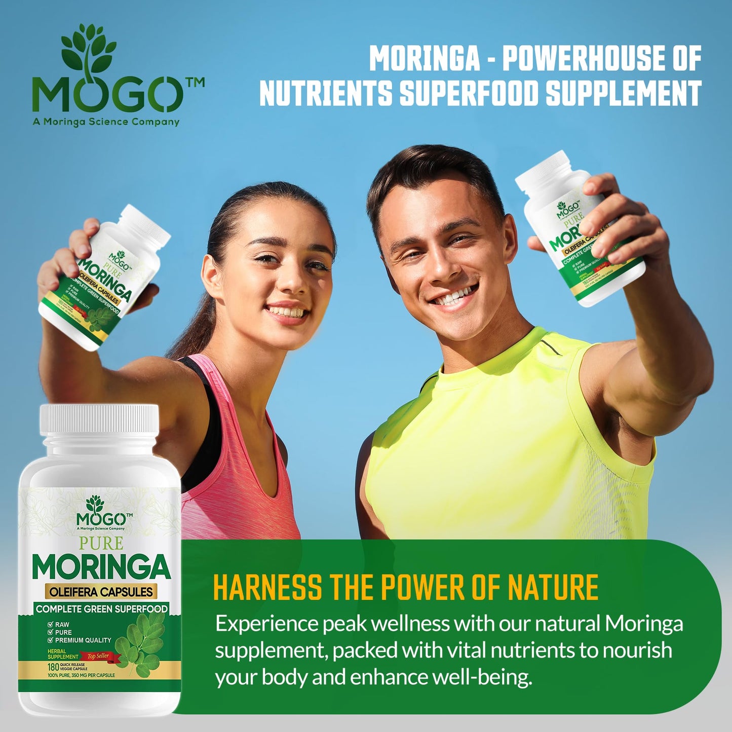 MOGO Moringa Capsules -180 Ct| Boost Energy, Immune, Gut, Joint Support | Made with Pure Organic Moringa Powder Organic Capsules | Made in USA | Antioxidants Rich Complete Green Superfood Supplement