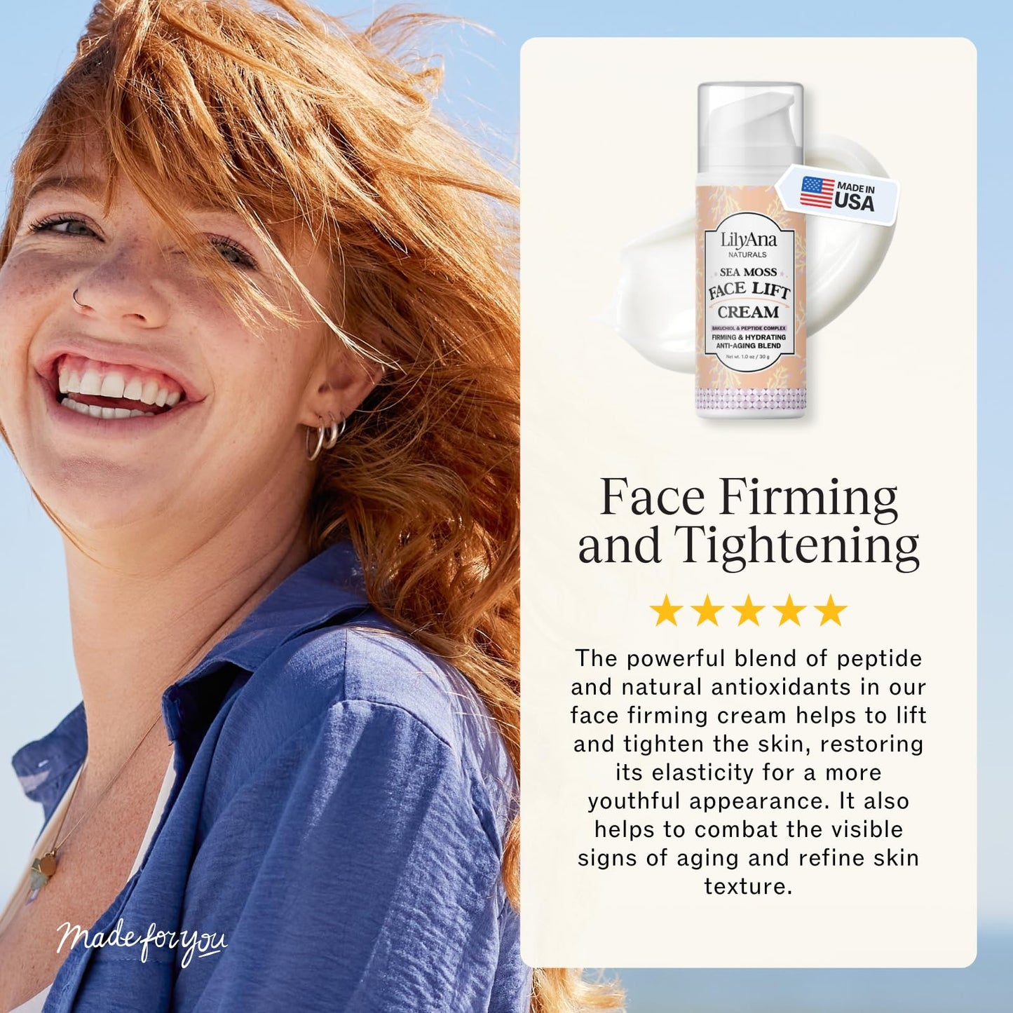 LilyAna Naturals Bakuchiol Face Lift Cream with Sea Moss and Peptide Complex - Face Cream for Women - Moisturizing and Lifting Facial Cream - Anti-Aging Overnight Moisturizer - Made in the USA