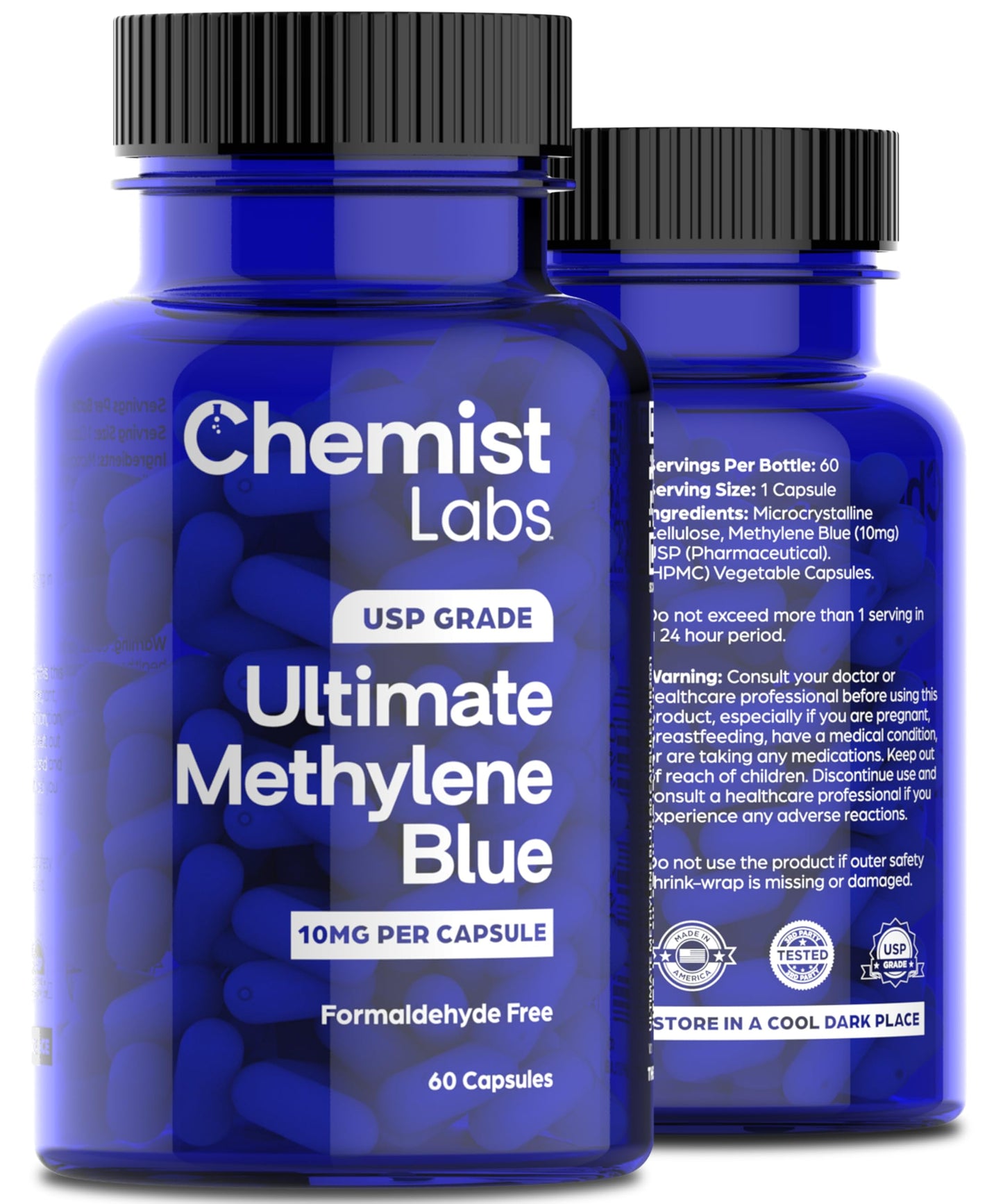 Chemist Labs Methylene Blue Capsules for Humans - USP Grade 99% Purity, Methylene Blue Pharmaceutical Grade, Third Party Tested, Supports Cellular & Mitochondrial Function, Made in USA, 60 Count