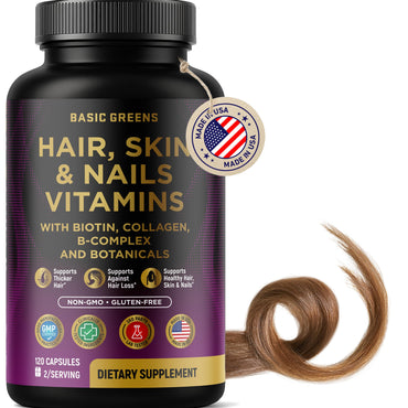 Hair, Skin & Nails Vitamins with Biotin 10000 mcg, Collagen, B-Complex & Botanicals – Supports Healthy Hair, Glowing Skin & Strong Nails – Non-GMO, Gluten-Free – Made in USA – 120 Capsules