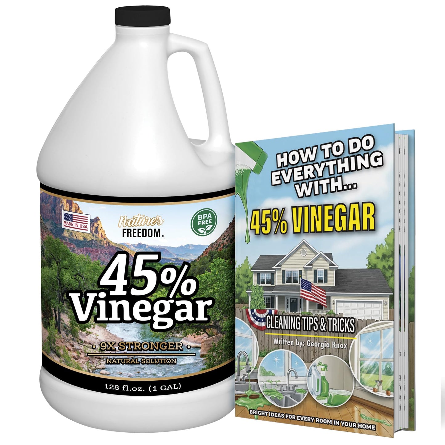 Nature's Freedom 45% Concentrated Vinegar, 1 Gallon with “How to Use Vinegar” Cleaning Book – Industrial Strength Multi-Purpose Cleaner