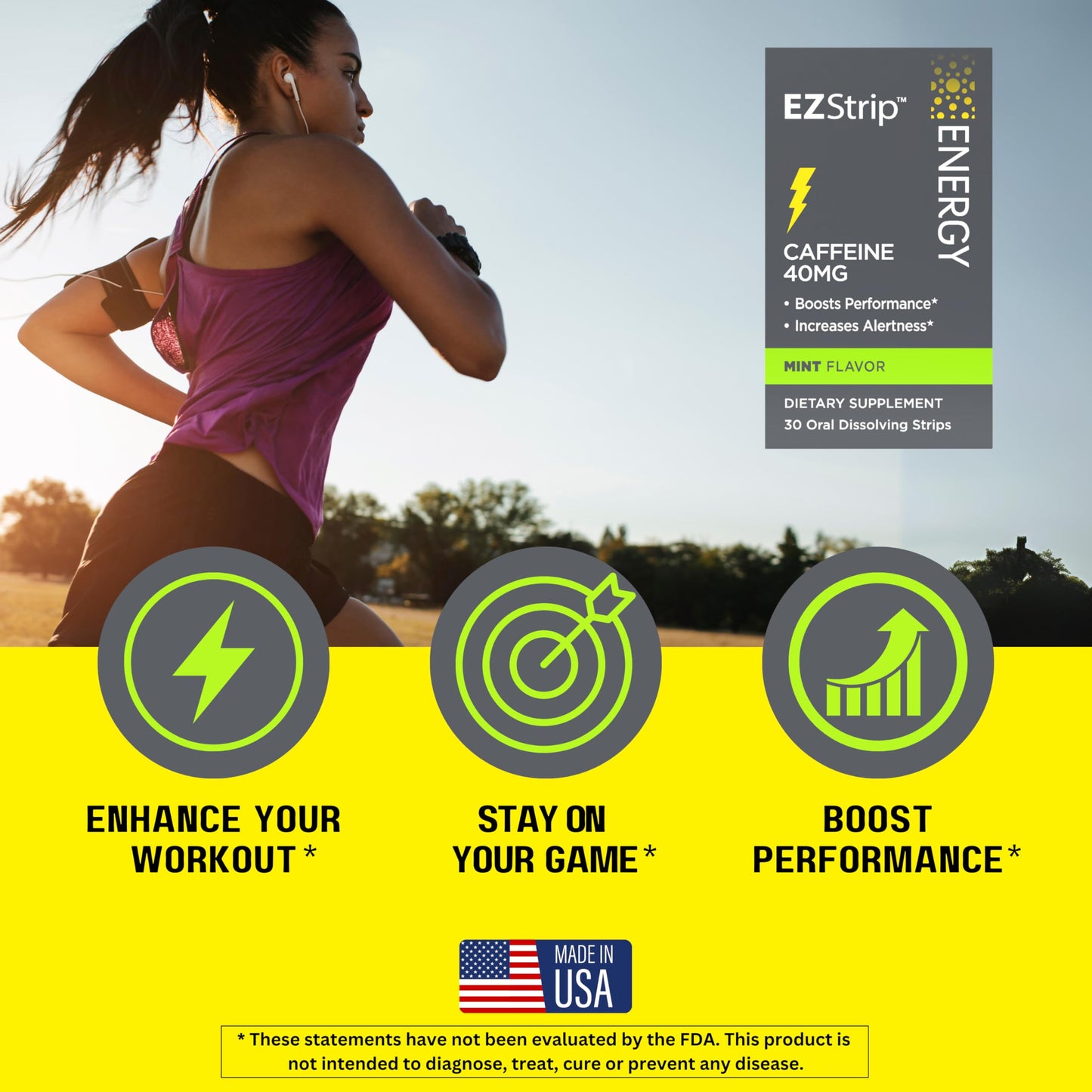 EZStrip Energy Supplements - Mint Flavor, 30 Count - Dissolving Strips with 40mg Caffeine to Help Energize Your Day and Boost Performance - Made in The USA, Sugar and Gluten-Free