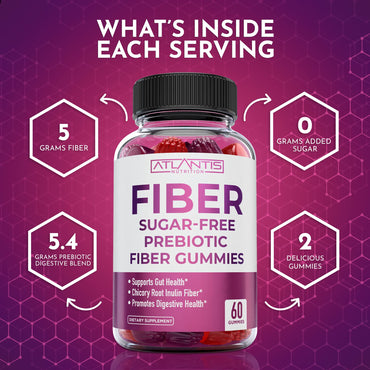 Atlantis Nutrition Sugar Free Fiber Gummies for Adults - 5G Fiber Supplement Formulated with 5.4G Prebiotic Digestive Blend - Supports Gut Health & Promotes Healthy Digestion - 2-Pack 120 Gummies