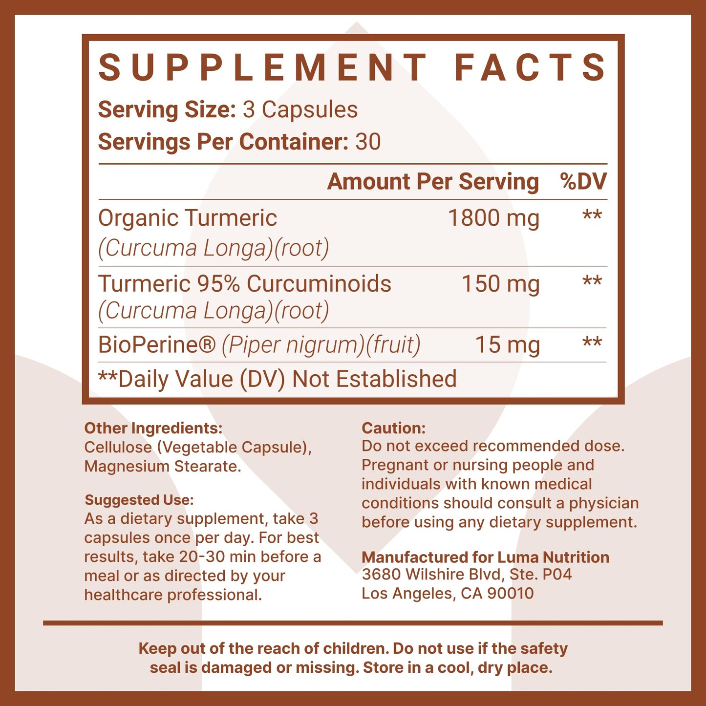 Luma Nutrition Turmeric Curcumin with Black Pepper - 95% Curcuminoids - 1950mg Per Serving - Premium Turmeric Supplement - with BioPerine for Max Absorption - Made in USA - 90 Capsules