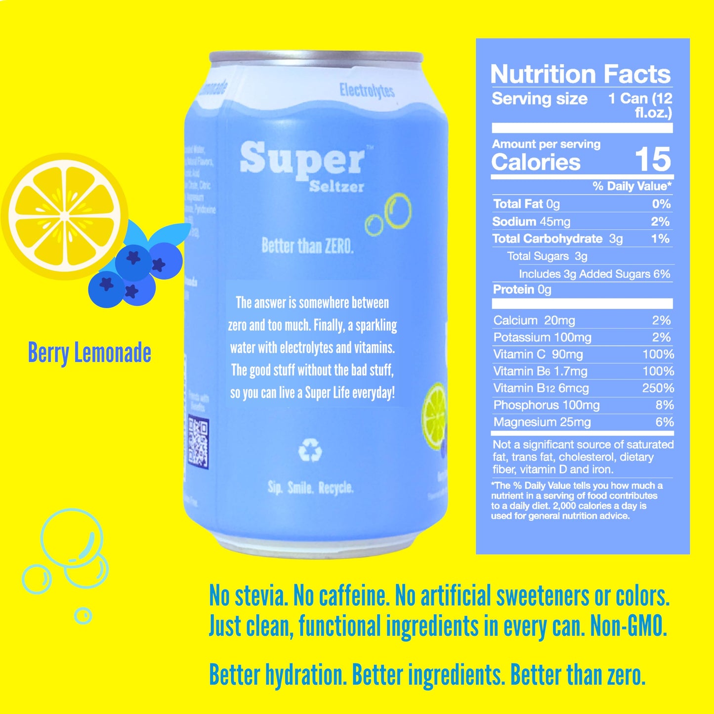 Super Seltzer Sparkling Water with Electrolytes and Vitamins, Berry Lemonade Naturally Flavored, 12 Fl Oz, Pack of 12 cans