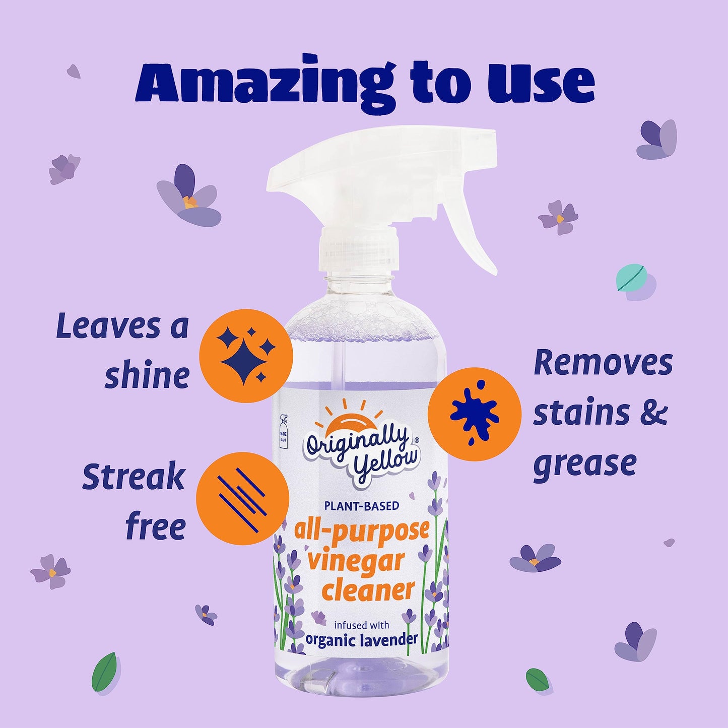 Originally Yellow Lavender Vinegar All Purpose Cleaning Spray | Distilled Cleaning Vinegar For Every Room In the House | Plant-Derived All Purpose Cleaner | Living Room, Bathroom, & Kitchen | 3 Pack