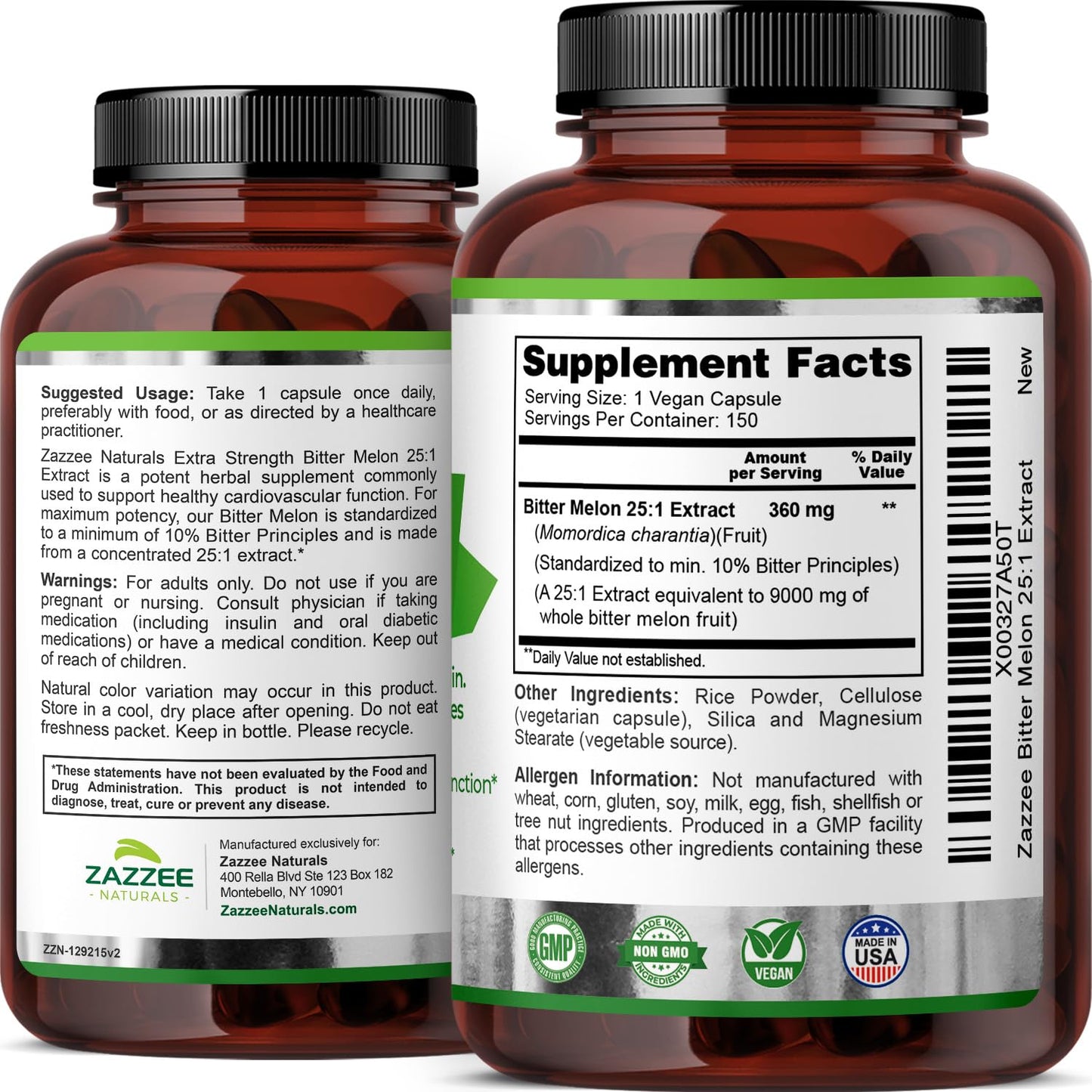 Zazzee Extra Strength Bitter Melon 25:1 Extract, 9000 mg Strength, 10% Bitter Principles, 150 Vegan Capsules, Standardized and Concentrated 25X Extract, 100% Vegetarian, All-Natural and Non-GMO