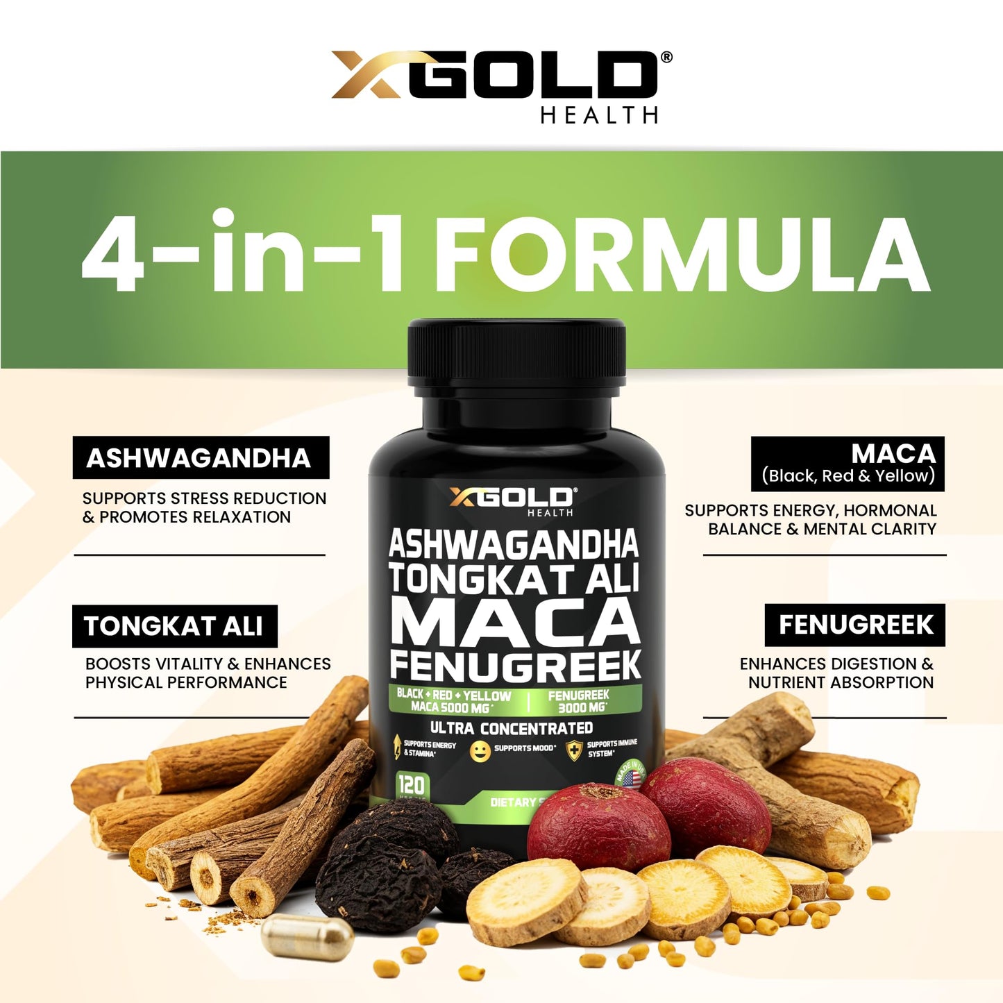 Ashwagandha 5000mg + Tongkat Ali 1000mg + Maca Root 5000mg + Fenugreek 3000mg Supplement | Black + Red + Yellow Maca Root Extract & Fenugreek Herbal Supplements for Men & Women - Made in USA