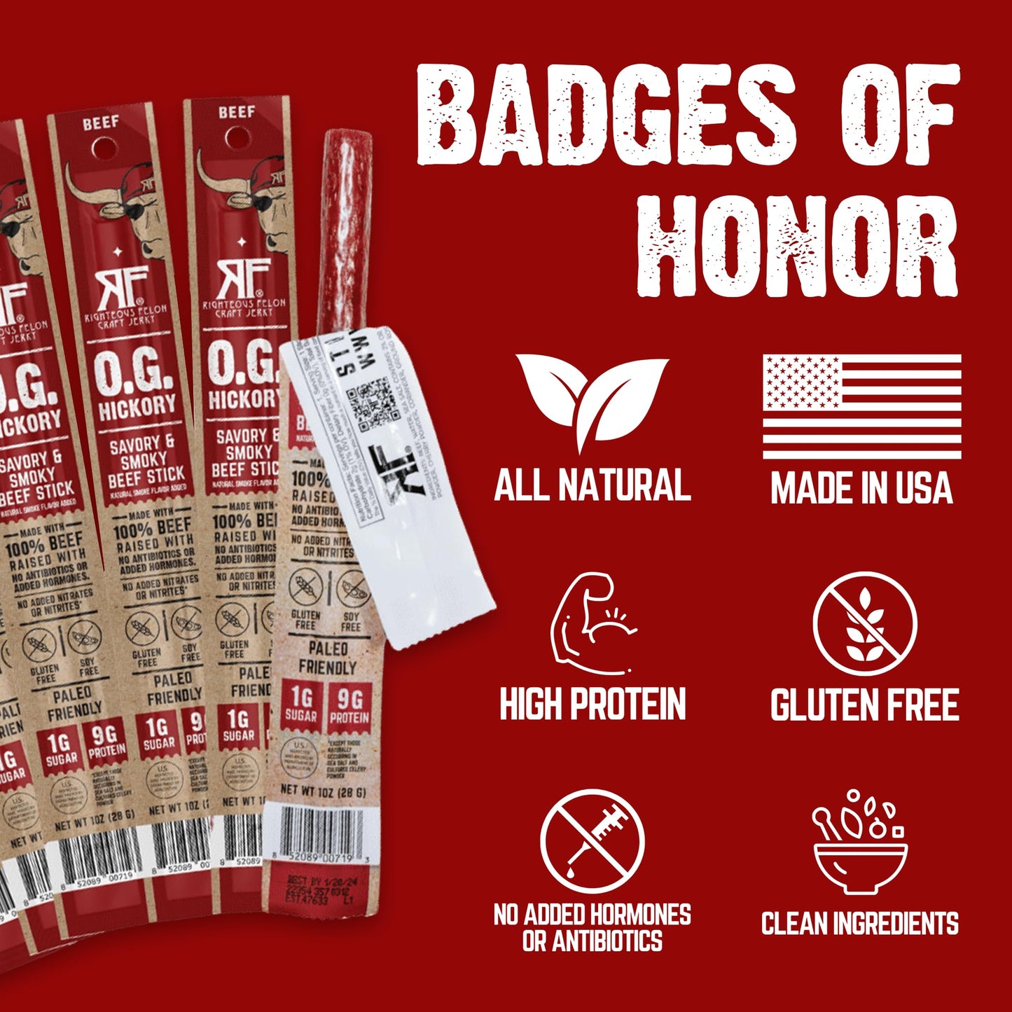 Righteous Felon Meat Sticks | 100% Beef Sticks | Gluten Free & Keto Meat Sticks | Low Sugar & High Protein Beef Sticks | Healthy Snack for Adults | Jerky Gifts for Men | OG Hickory, 10 Pack