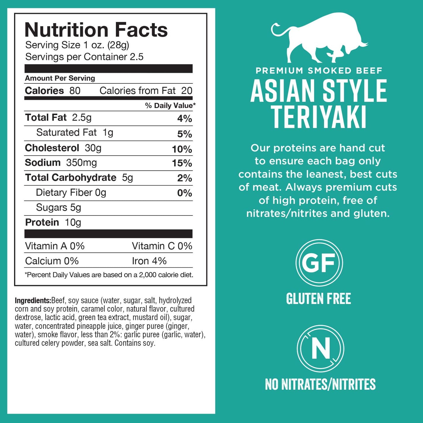 Chef's Cut Beef Jerky Meat, Teriyaki (2.5 Ounce Bags, Pack of 4) - High Protein, 10g Protein, 80 Calories, Gluten-Free, Premium Lean Smoked Beef, Keto Friendly Snack, Low Carb Snack