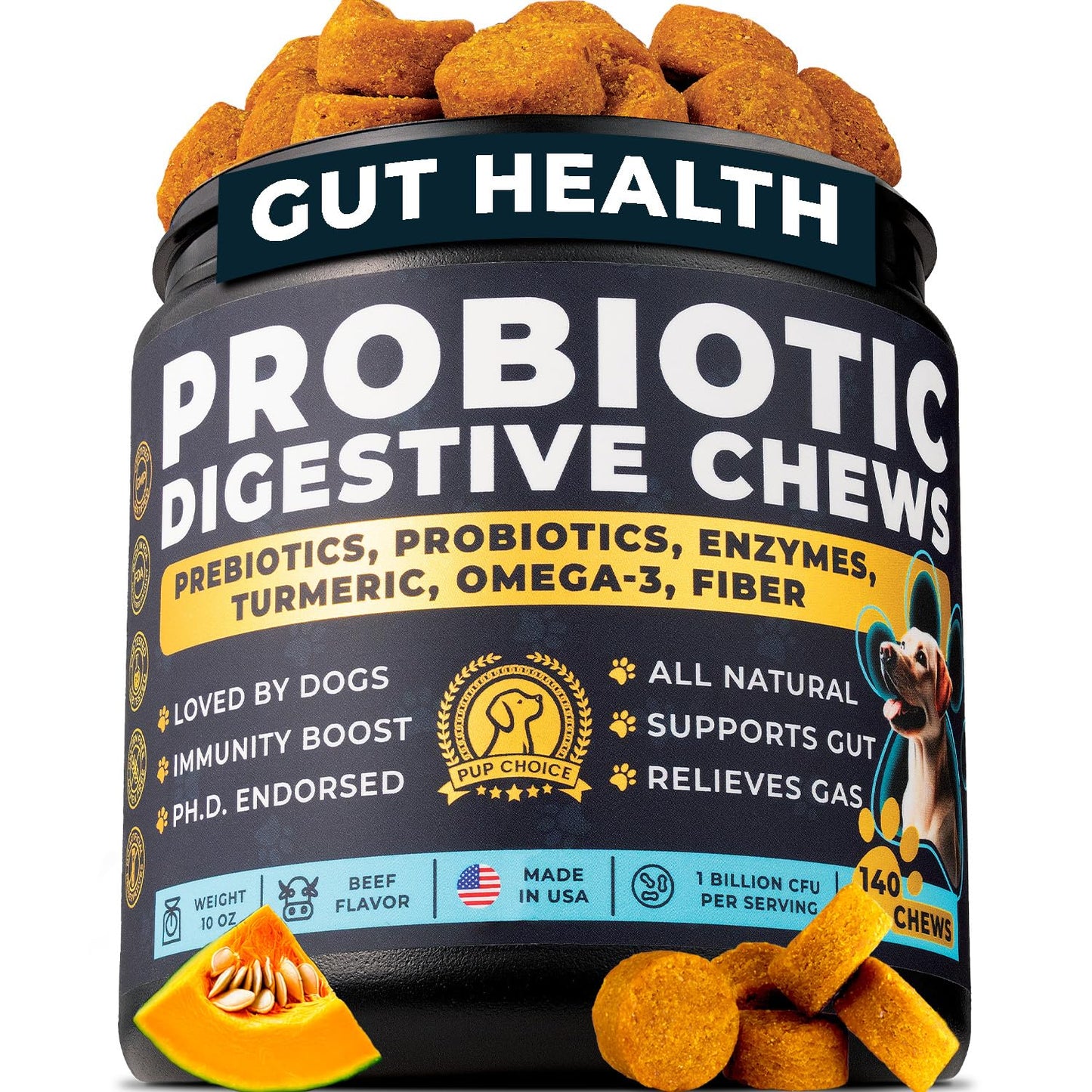Probiotics for Dogs - PhD Endorsed Digestive Enzymes - Gut Health, Diarrhea & Bowel Support - Dog Treats with Turmeric, Omega-3 & Fiber - Immune Soft 140 Chews - Beef Flavor - Made in USA