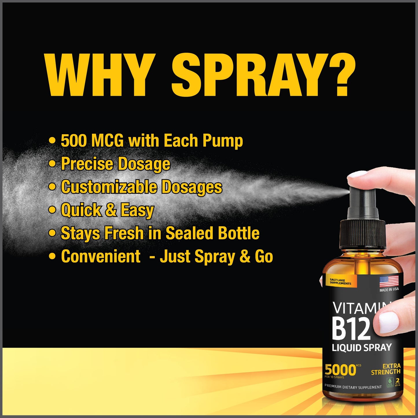 Vitamin B12 Sublingual Spray 5000 mcg – Vegan Methylcobalamin Liquid B12 Boost Energy, Mood & Brain Health - Gluten-Free, Non-GMO B12 Spray for Men & Women - Easy Dosage (5000 mcg in 10 Sprays)
