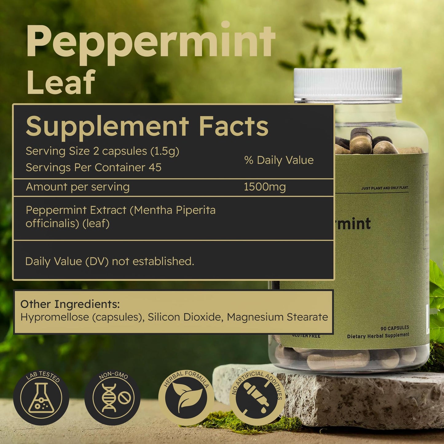 Vegan Peppermint Leaf Capsules 750mg, 90 Vegan Capsules | Gentle Digestive & Breath Support | Herbal Supplement | Organic, Gluten-Free
