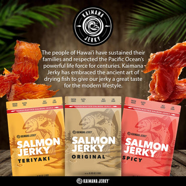 Kaimana Jerky Wild Caught Salmon Jerky - Organic Dried Fish Strips, Rich in Omega-3 & Protein, Low-Calorie, Gluten-Free, Low Sodium & Sugar - Original, Teriyaki & Spicy Flavors - 9 Pack (0.5oz)