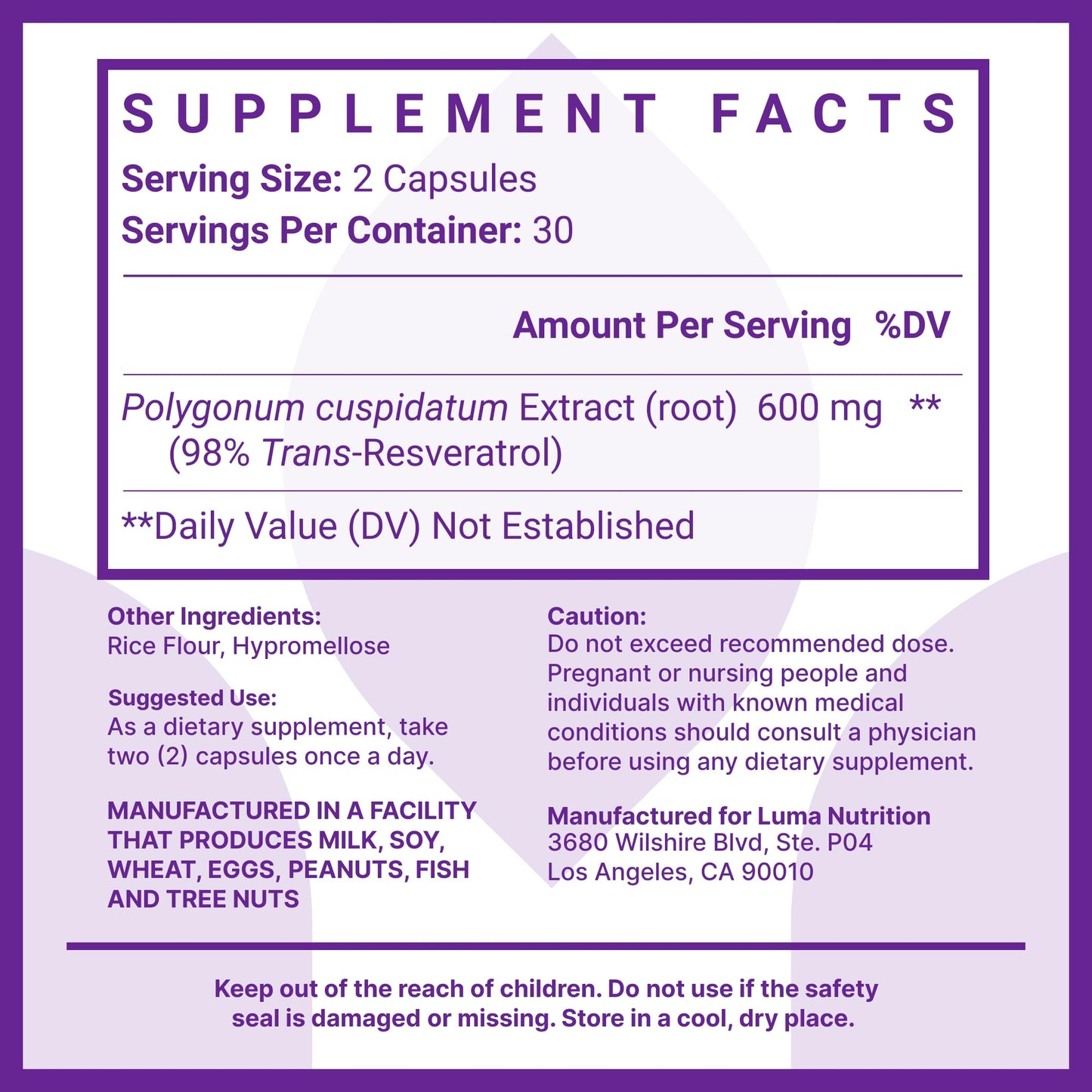Luma Nutrition High Purity Resveratrol Supplement - 98% Trans-Resveratrol - Antioxidant - Resveratrol Capsules - Vegan & Gluten-Free - 60 Capsules