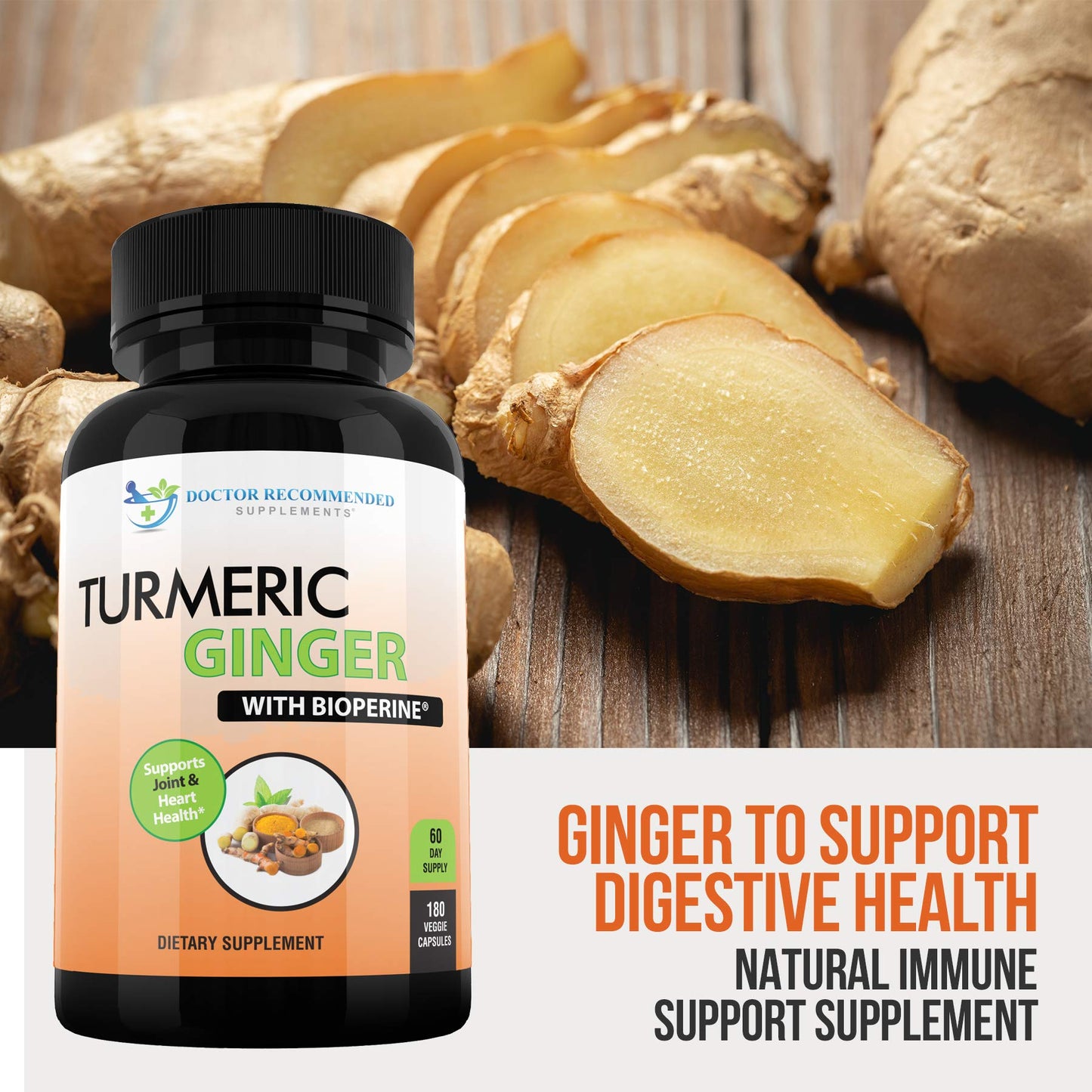 Turmeric Curcumin with Ginger, 95% Curcuminoids with BioPerine - 180 Veggie Capsules - Made in USA